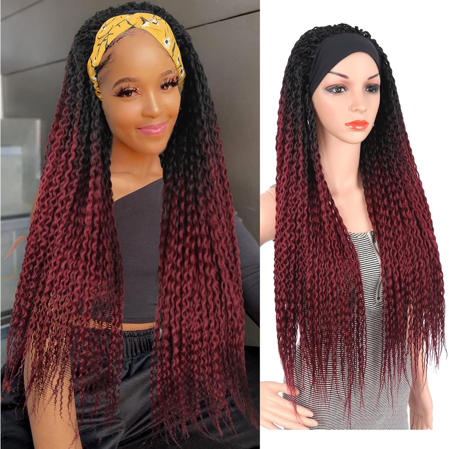 Burgundy Passion Knotless Braided Headband wigs for black
