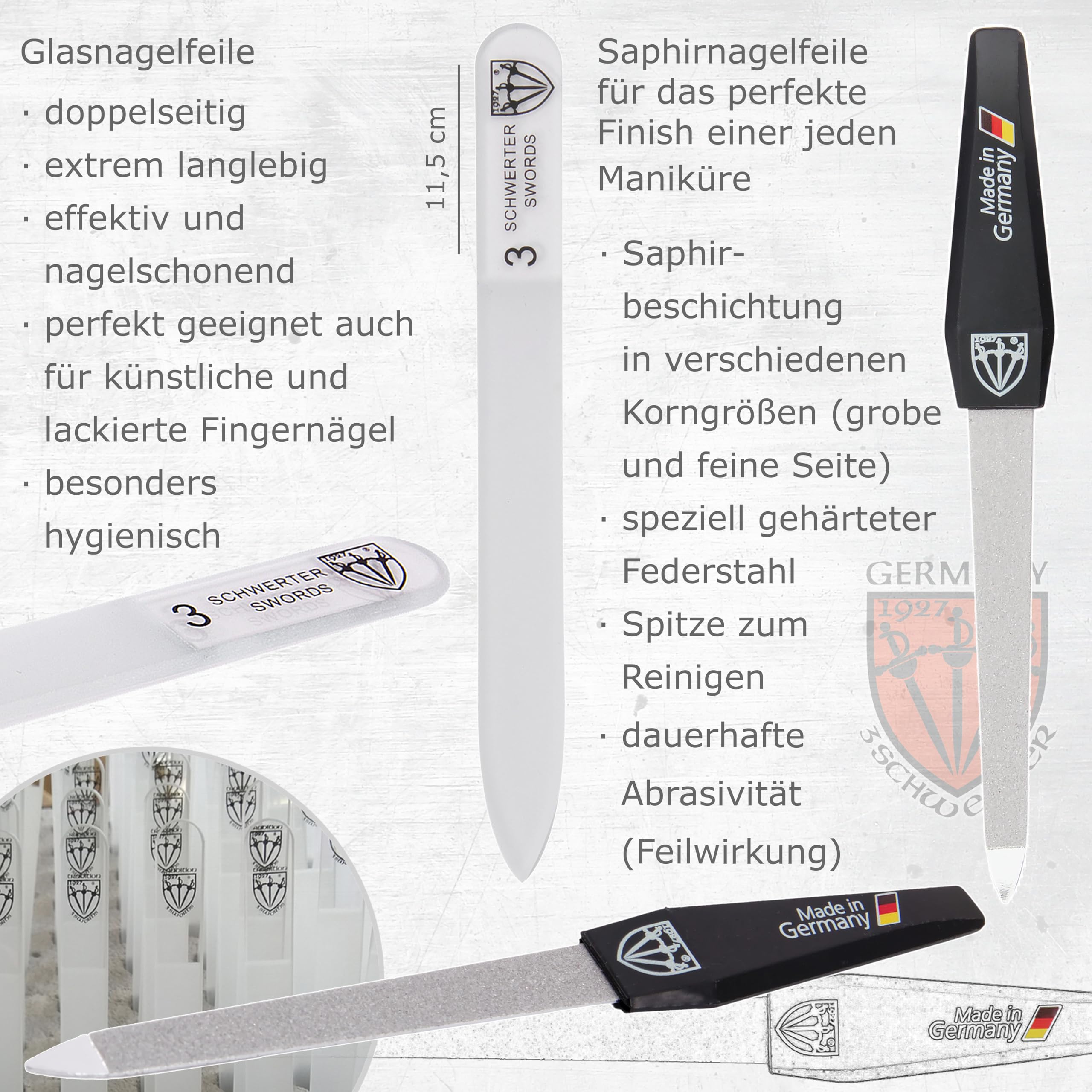 DREI SCHWERTER Germany Maniküreset Nagelnecessaire 'Andria' - 8-tlg. aus schwarzem Kunstleder, Inhalt: Nagelschere, Nagelzange, Glasnagelfeile, Hautschere, Pinzette und vieles mehr!