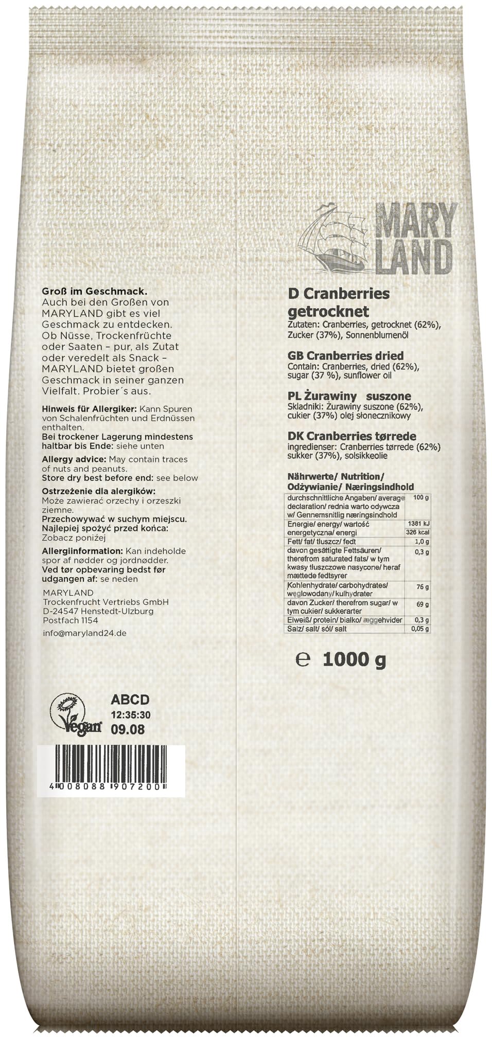 Maryland Cranberries (ganze) 1000g Vorratspackung 4er Pack – Getrocknete Cranberries – Perfekt zum Backen oder Snacken (4 x 1000g)
