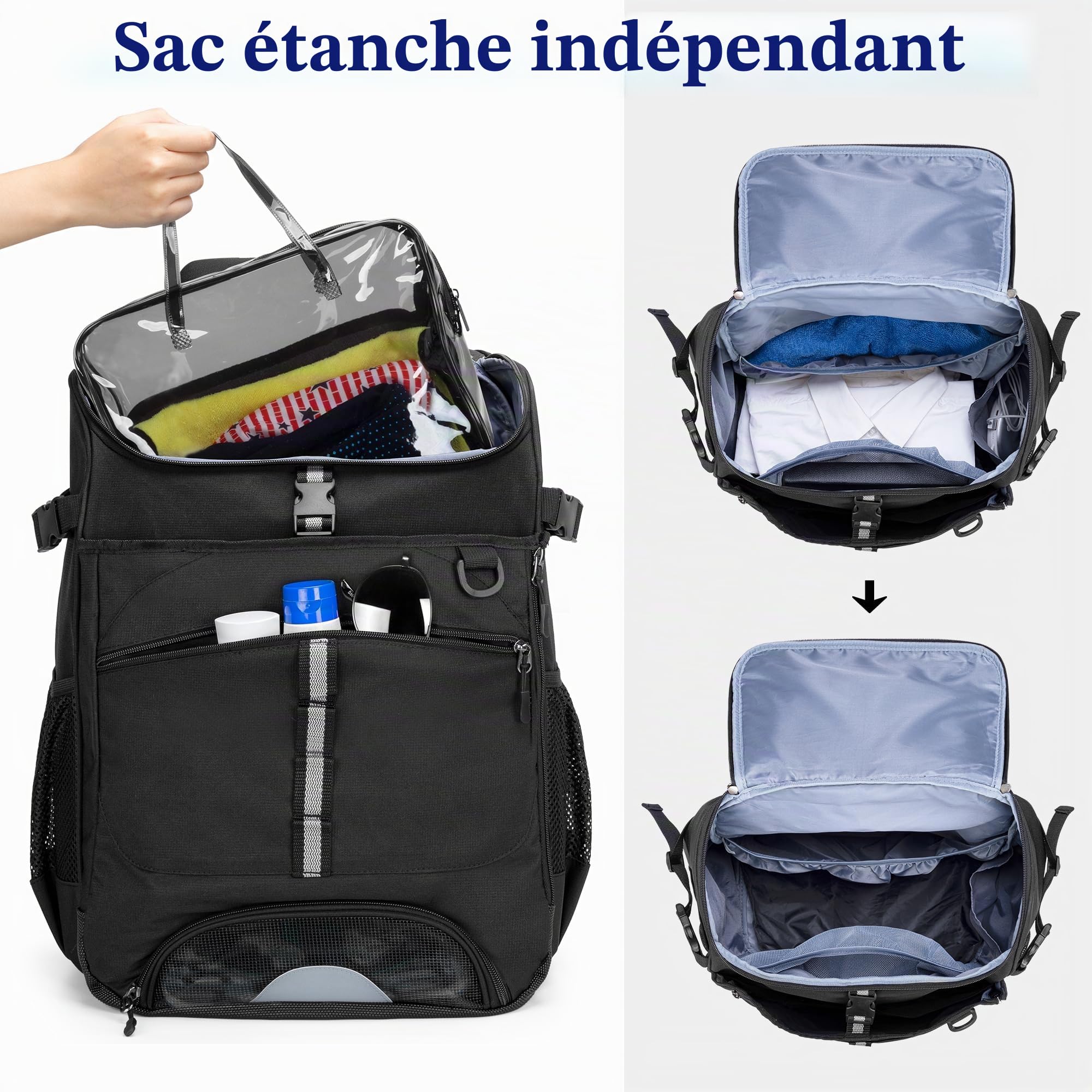 GOBUROS Sac à Dos de Natation pour Plage, Triathlon, Plongée en Apnée | Étui Transparent en PVC, Sangles Élastiques pour Palmes, Compartiment pour Planche de Natation, Poche Aéré pour Sandales