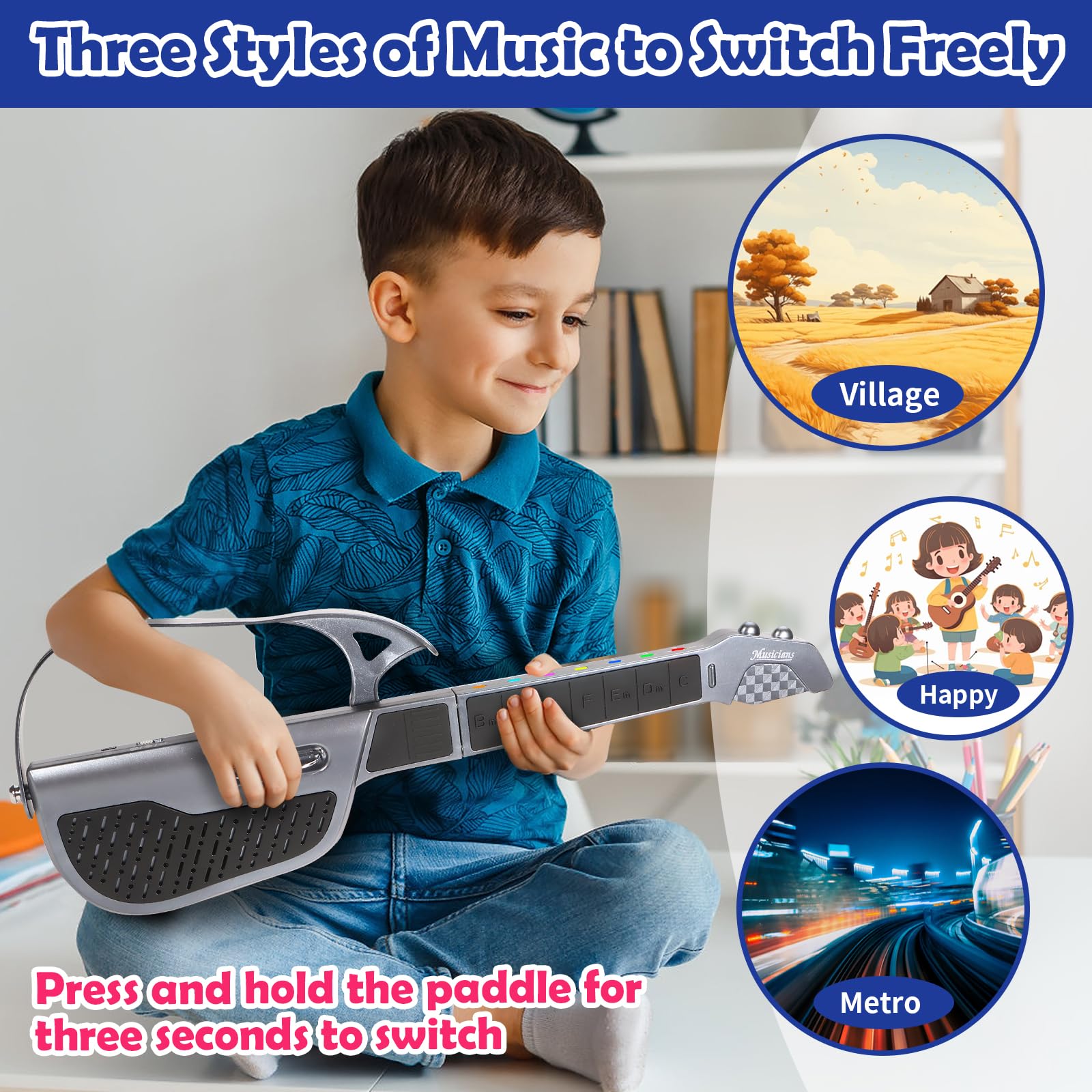 Kids Guitar, Three Tones Switchable with Strap, Toy Guitar Musical Instruments for Kids Ten Hour Playtime - Image 3