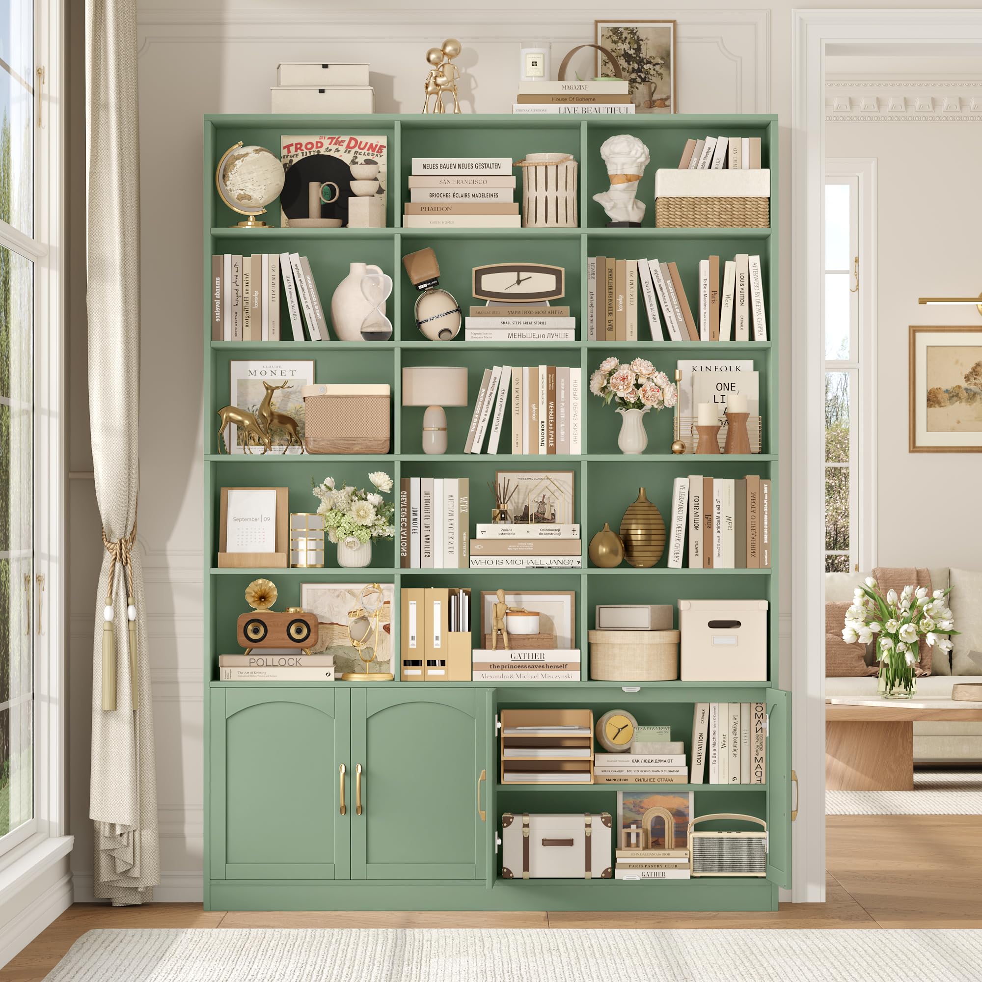 FirFurd Librería con Puertas, Estantería con Puertas, 3 Filas y 5 Niveles | Librería Salón, Vitrina Salón, Estantería Libros, Estanterias Almacenaje Madera, 4 Puertas, Verde, 150x23.7x209cm