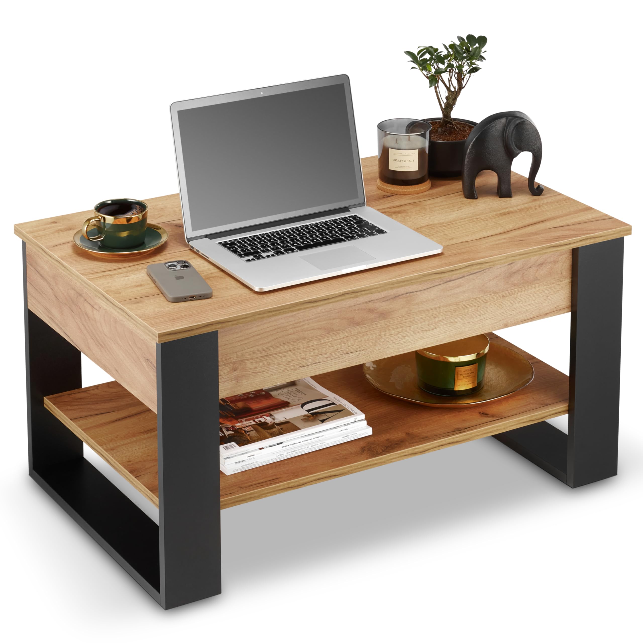 defiPad Tavolino Salotto Sollevabile con Contenitore - Tavolo da Caffè Regolabile in Altezza 45-61 cm - Prodotto nell'UE - Design Moderno Stile Industriale - Coffee Table