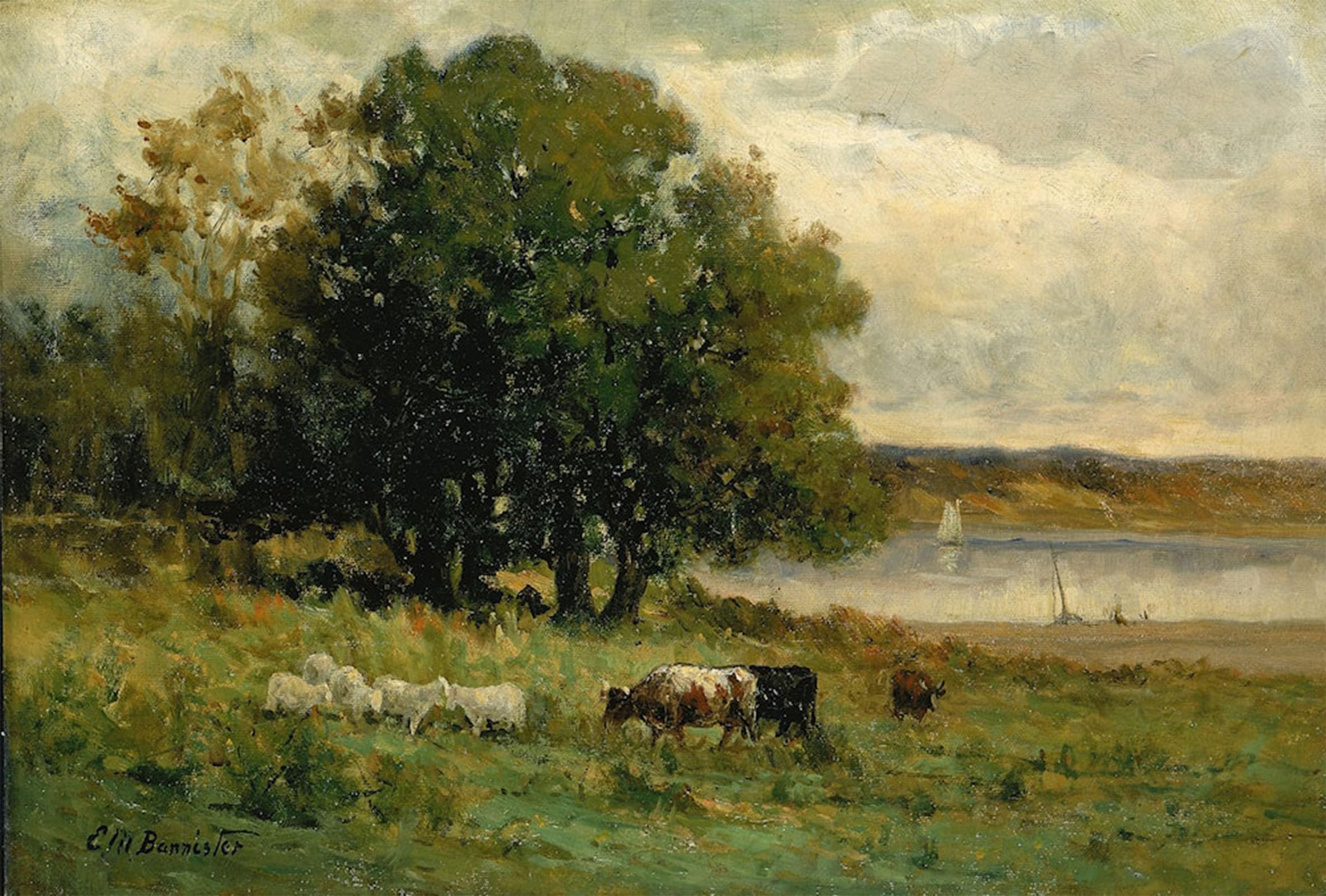 POSTERIIk Famous Modern Artwork Art Mural Animal Near River with Sailboat in Distance by Edward Mitchell Bannister Oil Paintings Pictures for Home Decor 60x90cm