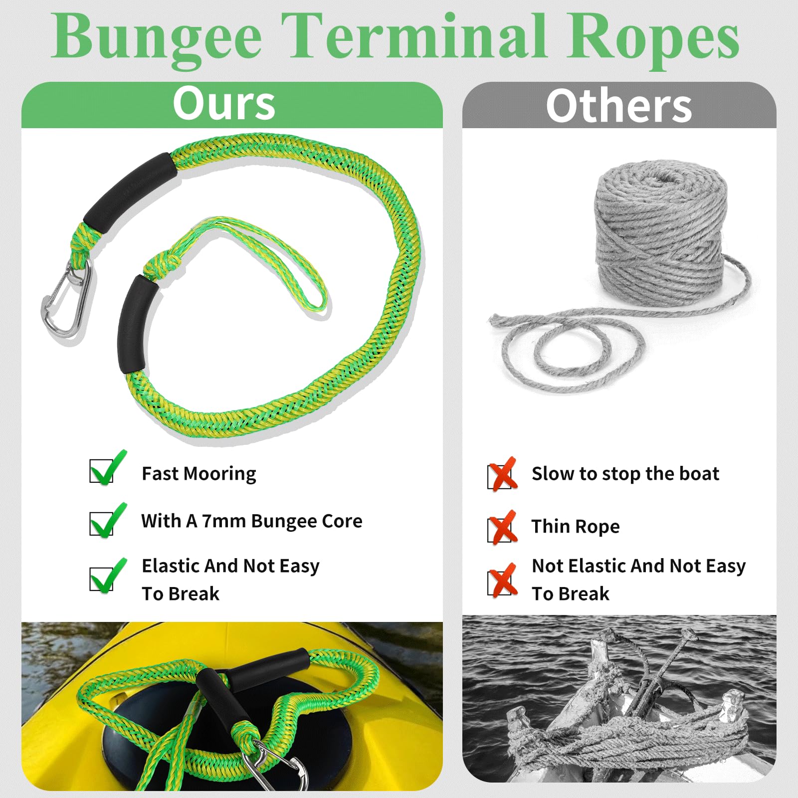 EFUTURETIME 2 x Corde d'Amarrage Bateau 10cm Bungee Corde Kayak Extensible, Dock Line Cord avec Crochet pour Kayak, Bateau à Moteu, Canoë, Pontoon (Vert)