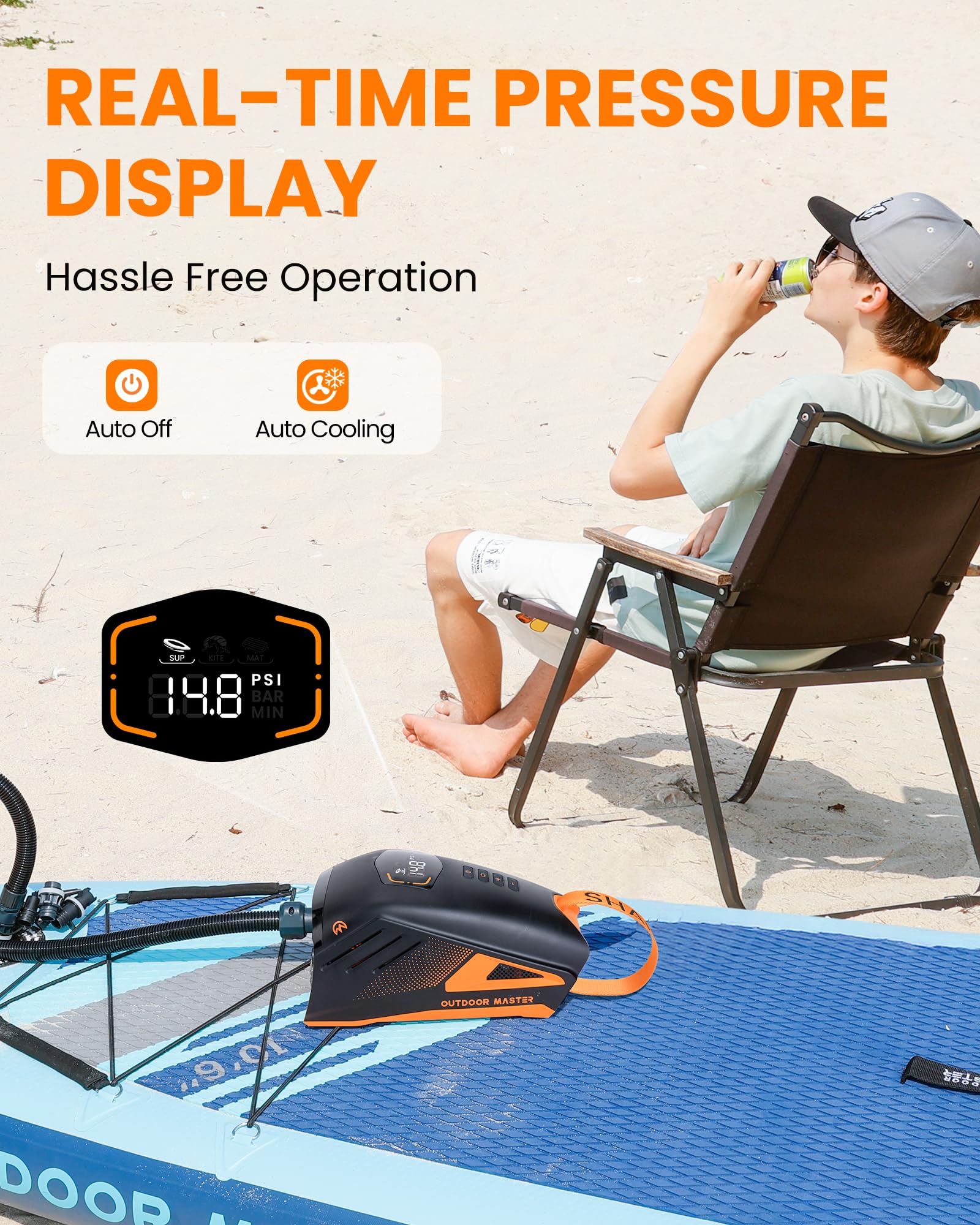 OutdoorMaster Shark 3 Pompa ad Aria Elettrica - 3'50" Gonfiaggio Rapido, 20PSI Pompa a Batteria Ricaricabile 74Wh, Auto-Off & Deflation, 12V/15.8V DC & Type-C Input, 8 Ugelli per Gommoni, Barche