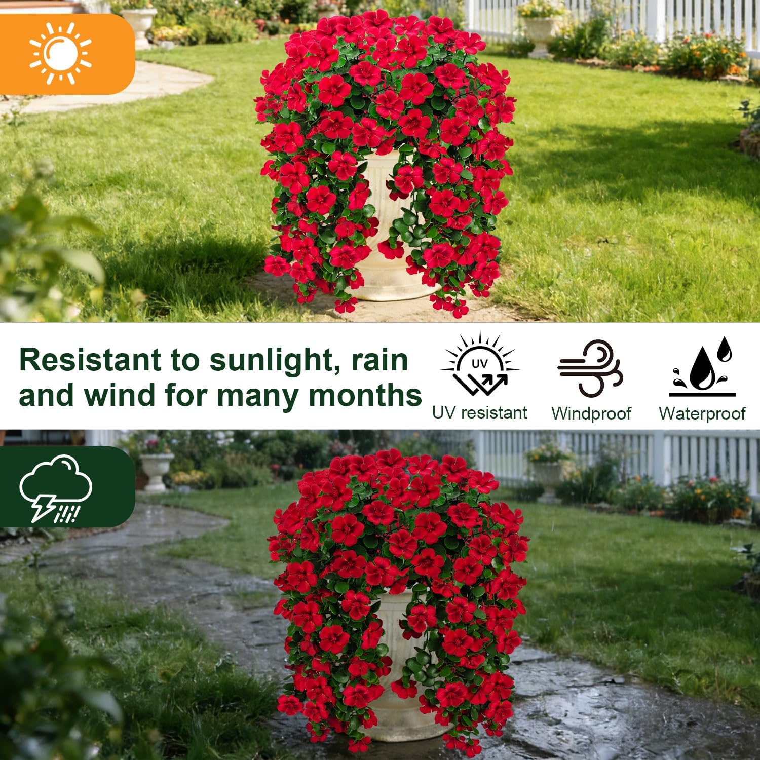 Artificial Geranium Hanging Flowers for Outdoor Decoration, 2 Bundles UV Resistant Silk Geranium Fake Plants Faux Flowers for Front Porch Garden Patio Window Box Outside Indoor Decor (Red)