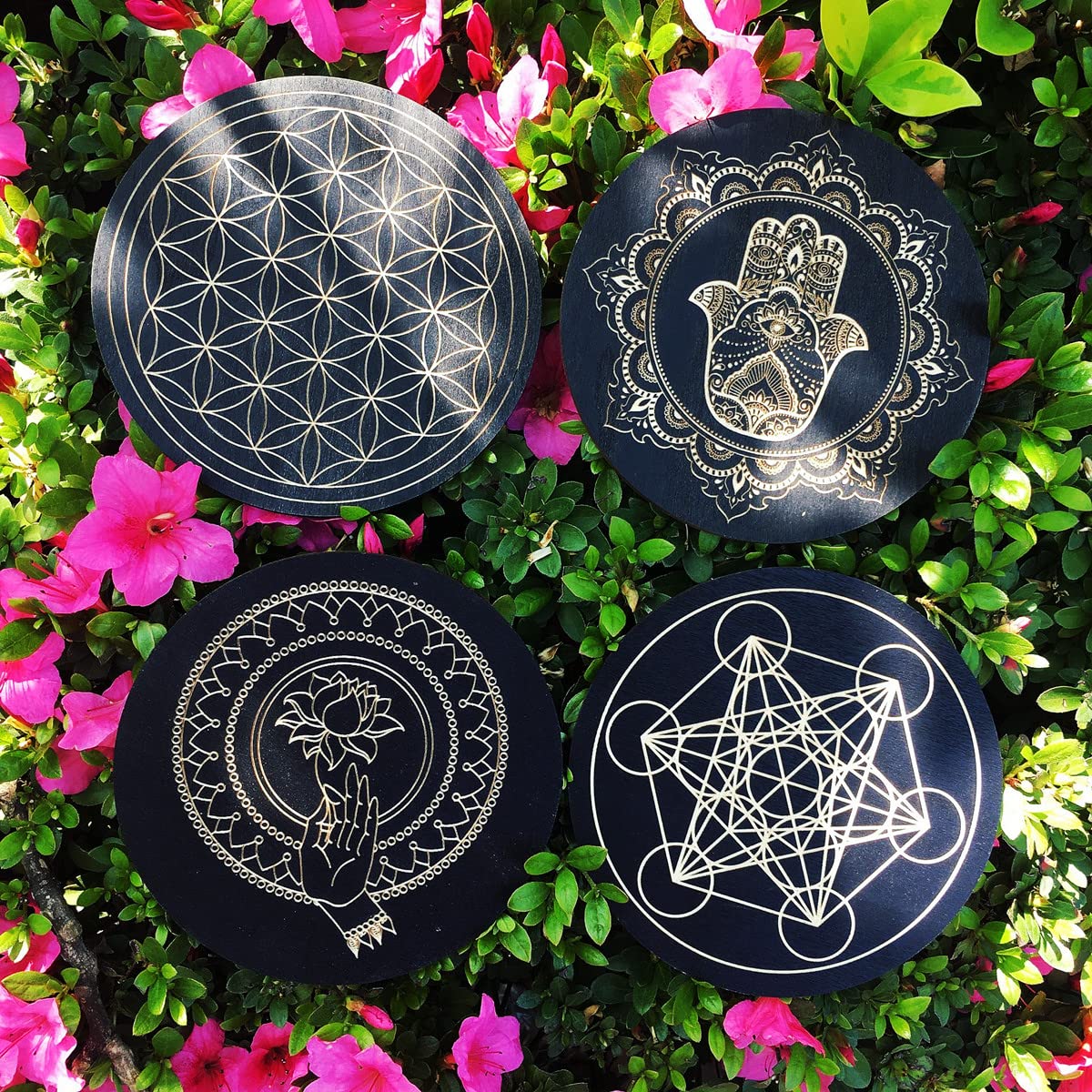 Zenkeeper 6.0" Crystal Grid Board 5 Pcs Set Sacred Geometry Wooden Art for Meditation Altar Decor, Chakra Balance, Spiritual Tools (Flower of Life, Metatron’s Cube, Mandala, Hamsa Hand)