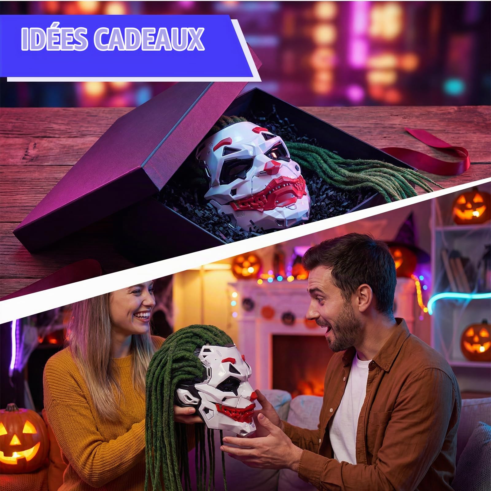 Masque de clown Joker pour Halloween style mech dreadlocks pour adulte - Masque effrayant pour fête et cosplay