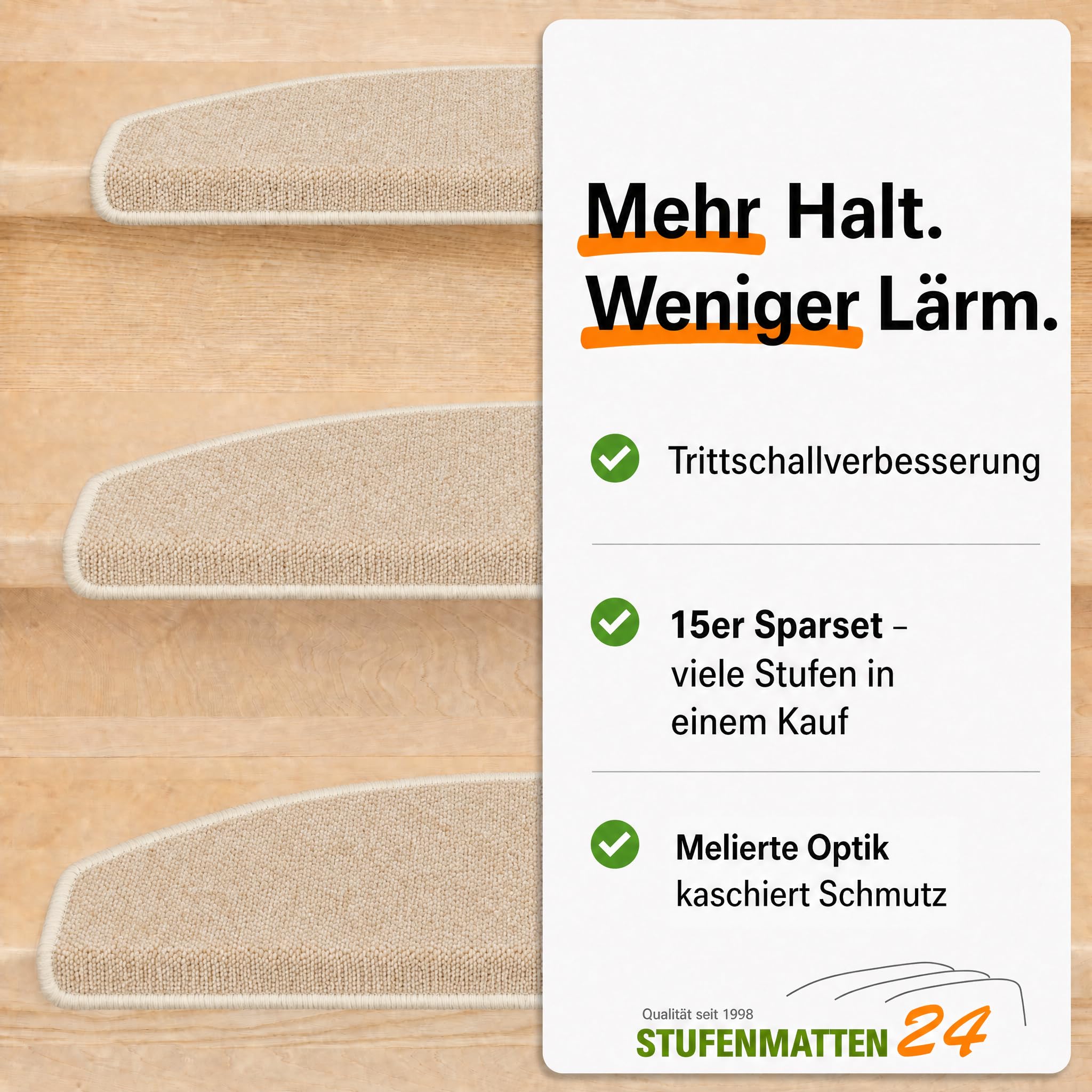 Kettelservice-Metzker Stufenmatten Treppe Rambo, 15er Set, halbrund, Beige, ca. 65 x 24 x 4 cm, Flor 6 mm, Trittschall ~20 dB, Polypropylen, PVC-Winkel, gekettelte Kanten
