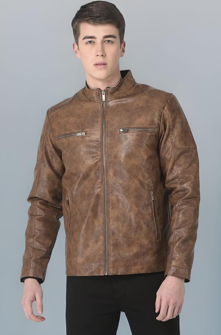 Buy Crimsoune Club Men Tan Tie-Dye Effect Leather Jacket (3XL) at