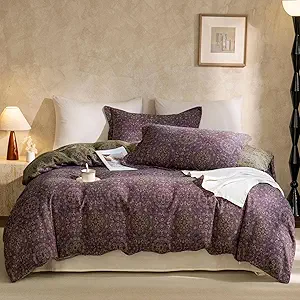 VM VOUGEMARKET Full Duvet Cover Set Purple Green Floral Pattern,3 Pieces Reversible Boho Medallion Jacquard Flower Bedding Set,Linen Cotton Yarn-Dyed Textured Duvet Cover with Zipper Closure