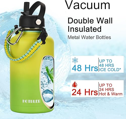 Miniatura 4 de Botella de agua aislada de 64 onzas con mango de paracaídas, bolsa de transporte de manga, termo de agua de acero inoxidable de medio galón con