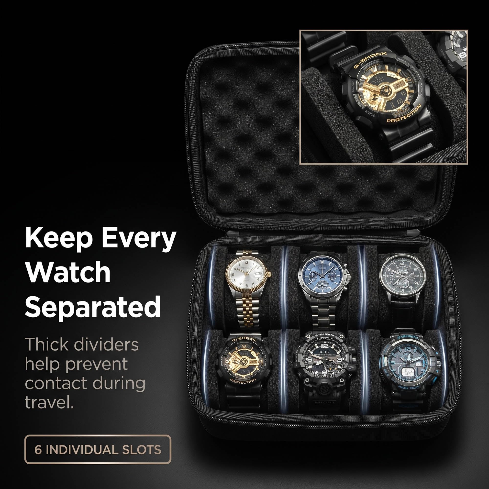 Étui de voyage rigide à 6 emplacements pour montres pour homme, boîte rigide pour affichage et organisation (noir, 6 emplacements avec 2 compartiments)
