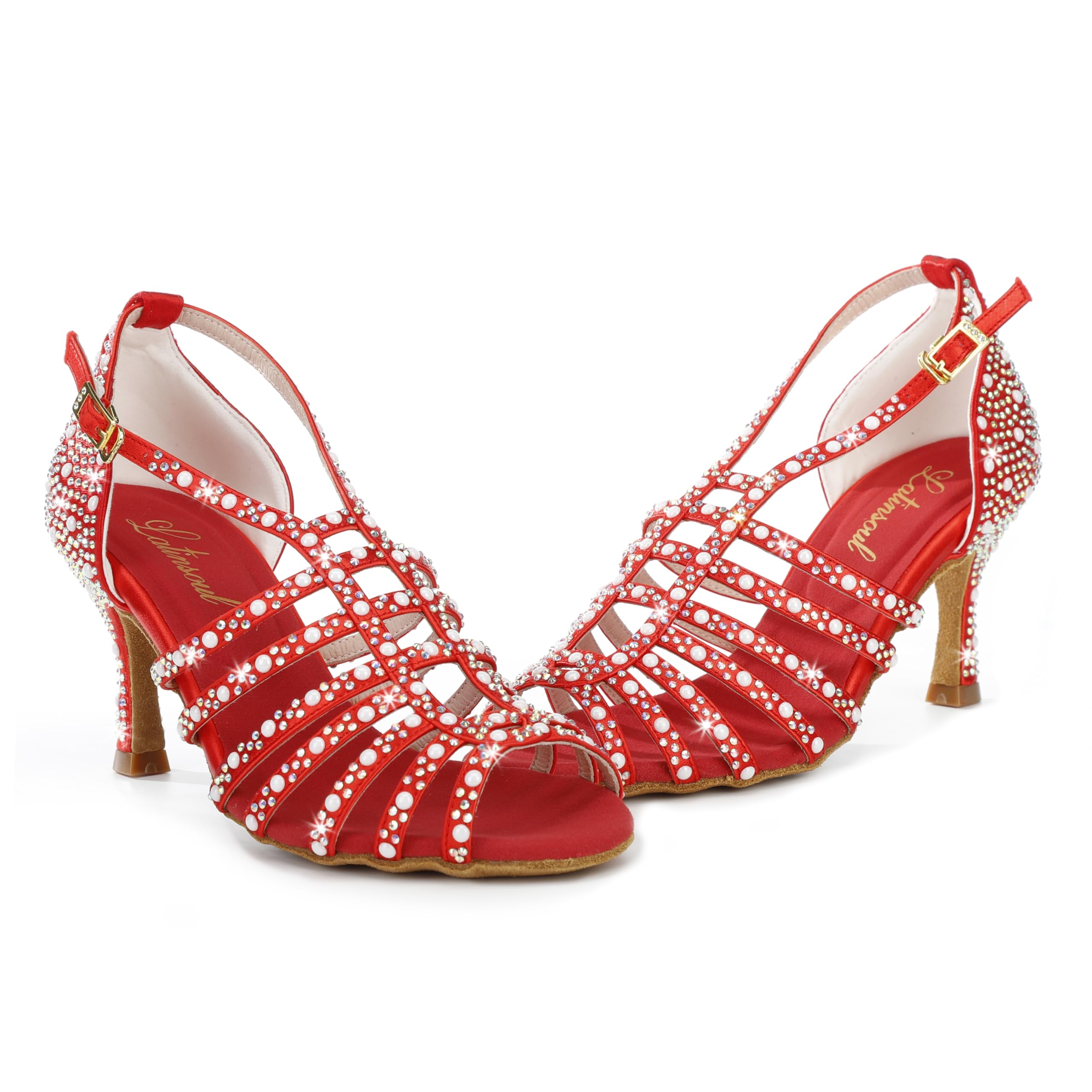 Latinsoul Y205-32 Damskie eleganckie buty do tańca latynoamerykańskiego z kryształkami wysokie obcasy wygodne sandały z regulowanym paskiem na kostkę do tańca towarzyskieg