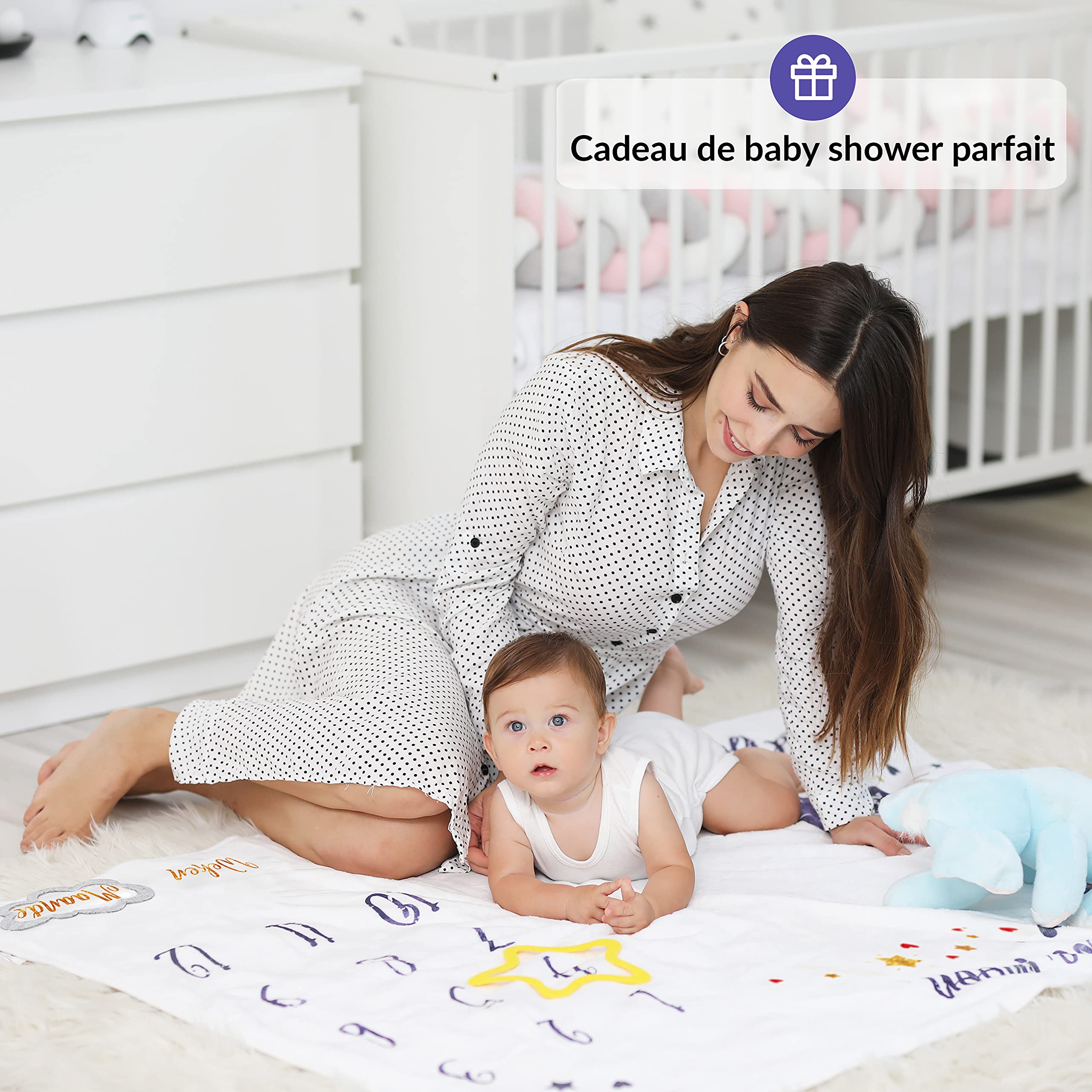 ODOXIA Couverture Etape Bébé en Français | Tapis Mois Bebe Garçon Ou Fille, Unisexe | Couverture Personnalisée Babyshower | Thème Lune | Douce et Épaisse Photo | Suivez Sa Croissance