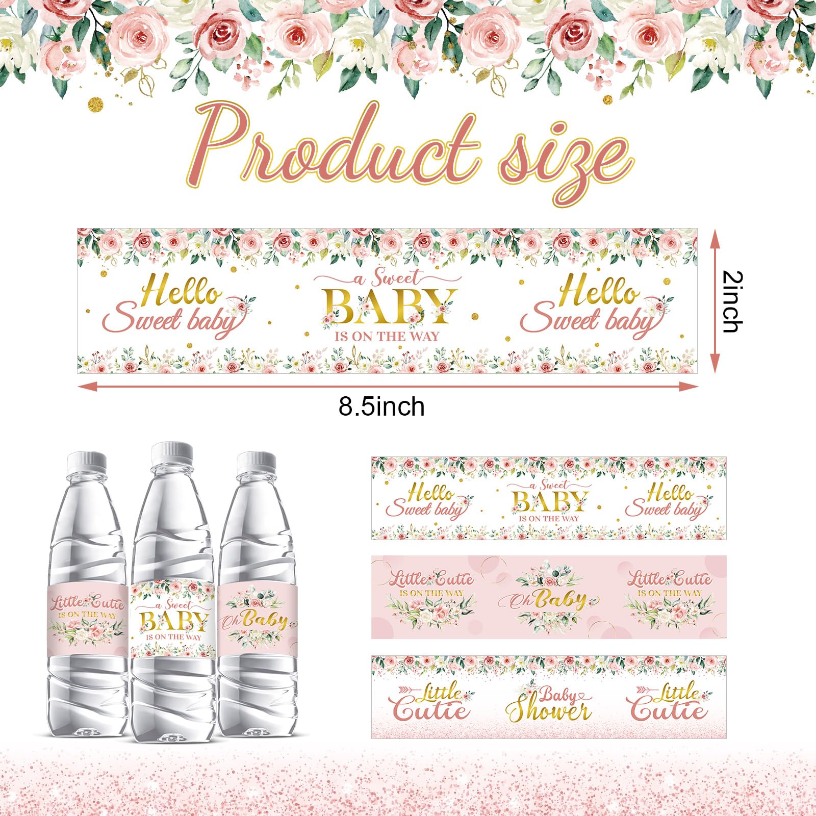 Colarr 72 Pcs Pink Baby Shower Water Bottle Labels Pink Gold Flower Water Bottle Wrappers Stickers Waterproof Self Adhesive Label for Girls Gender Reveal Birthday Baby Shower Party Decoration Supplies