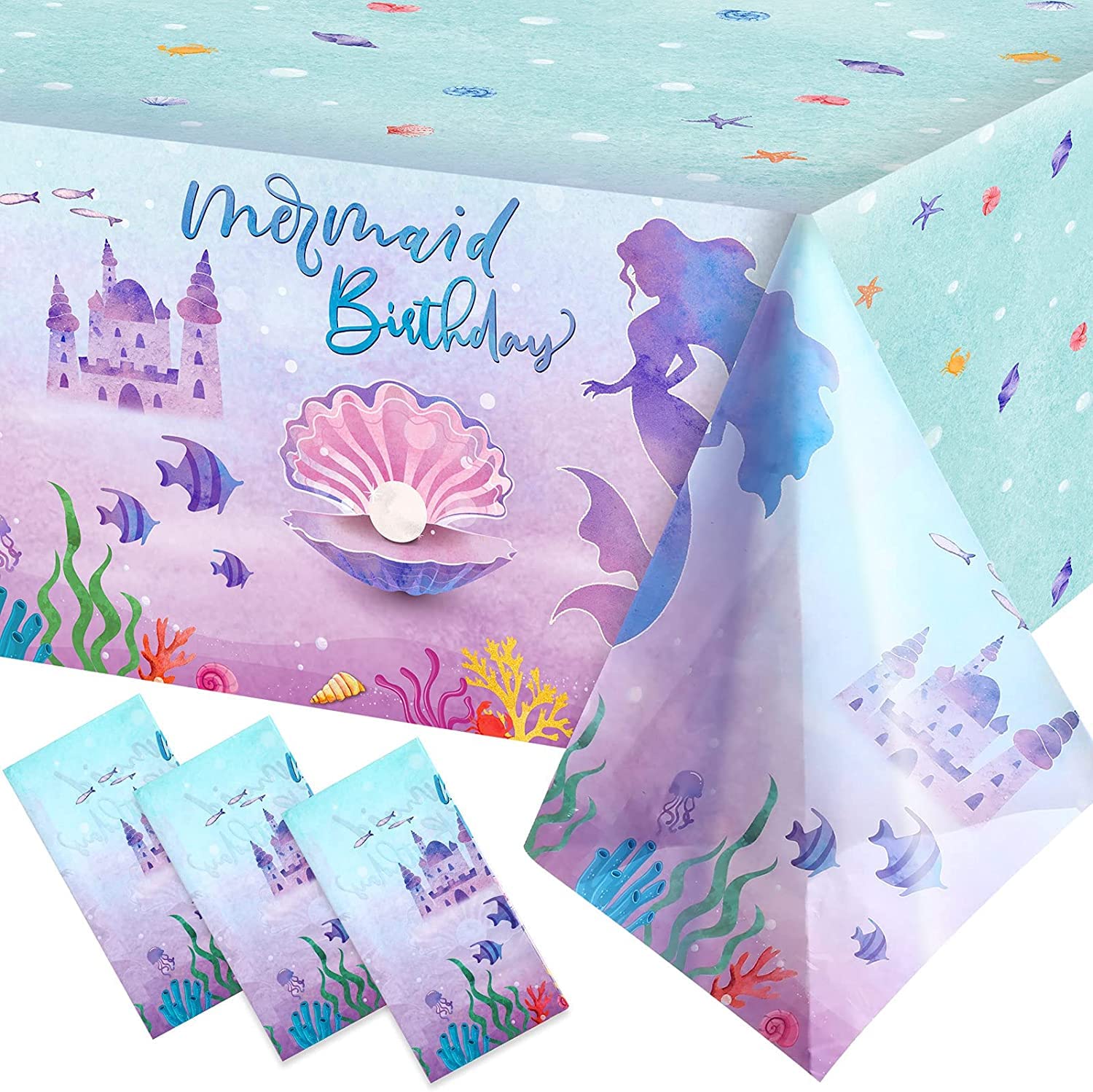 Mermaid Tablecloth, Birthday Party Table Cover, Rectangular PVC Tablecloth, Plastic Disposable Mermaid Table Covers for Girls Birthday Under The Sea Party Decorations, 51 x 86.6 Inch (3 Pieces)