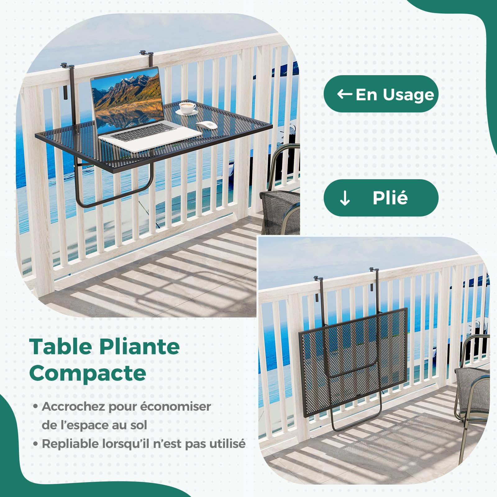 GOPLUS Table de Balcon Suspendue avec Crochets Réglables, Table Balcon Pliante en Métal Extérieure, Support de Plantes Mural, Polyvalent pour Terrasse, Charge 23KG, 60,5 X 40,5 CM, Noir