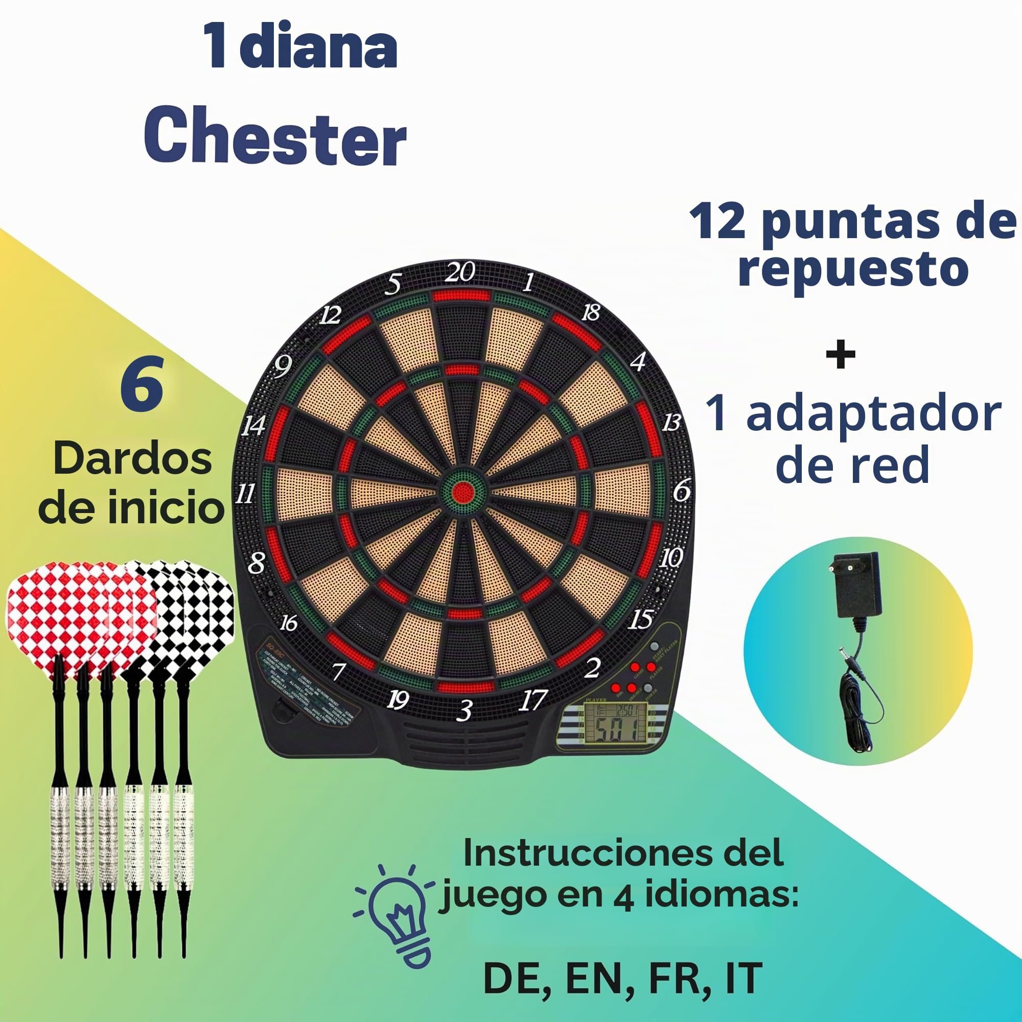 Best Sporting Chester 2 Diana electrónica con Pantalla LCD, 6 Dardos y Puntas de Repuesto, Unisex, 1-8 Spieler