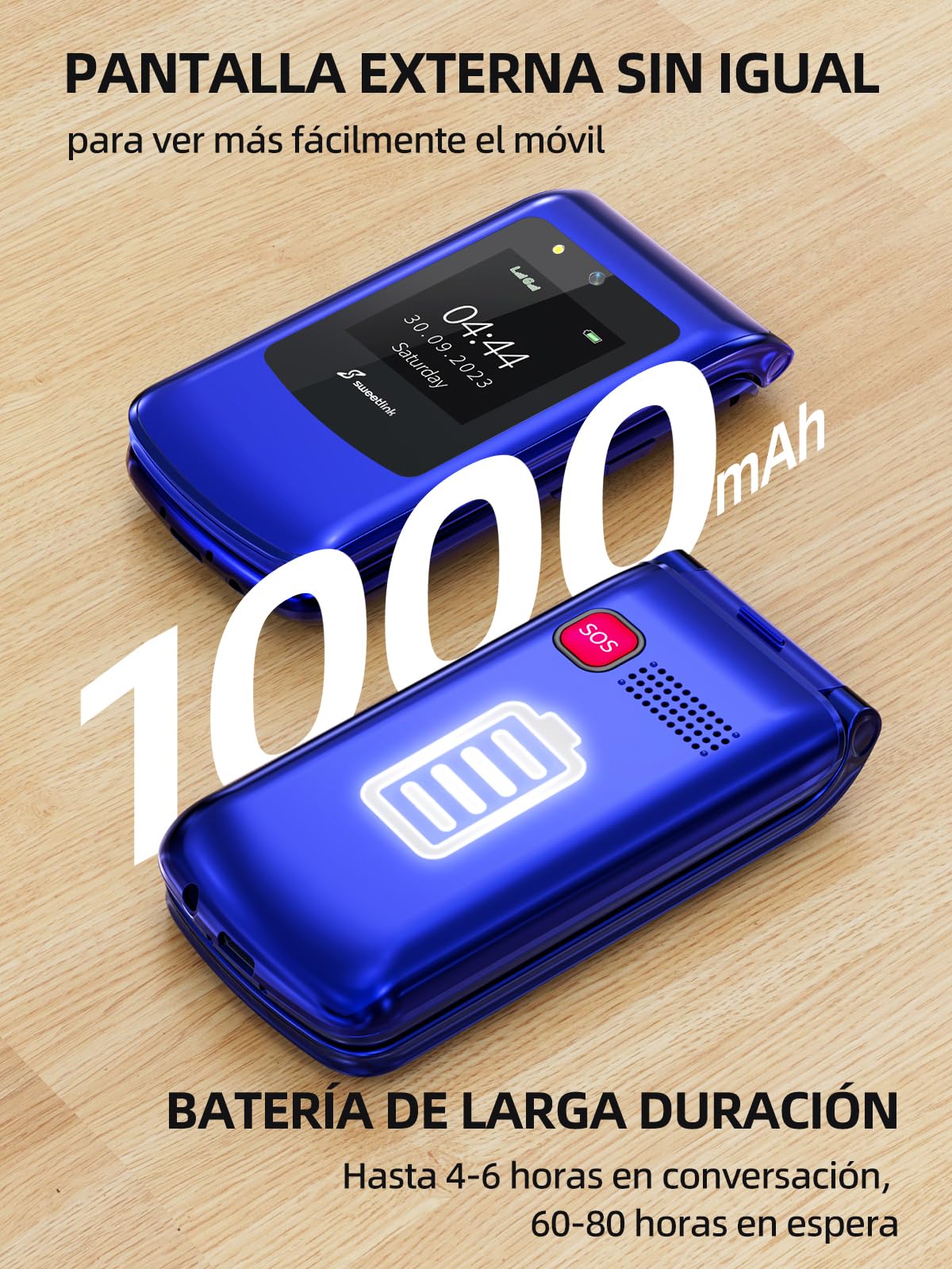 SweetLink F2 Teléfono Móvil para Personas Mayores, con Tapa de Teclas Grandes y Volumen Alto, Botón SOS, Contactos con Imágenes, USB-C, Doble SIM, Pantalla 2,4", FM Radio, Azul