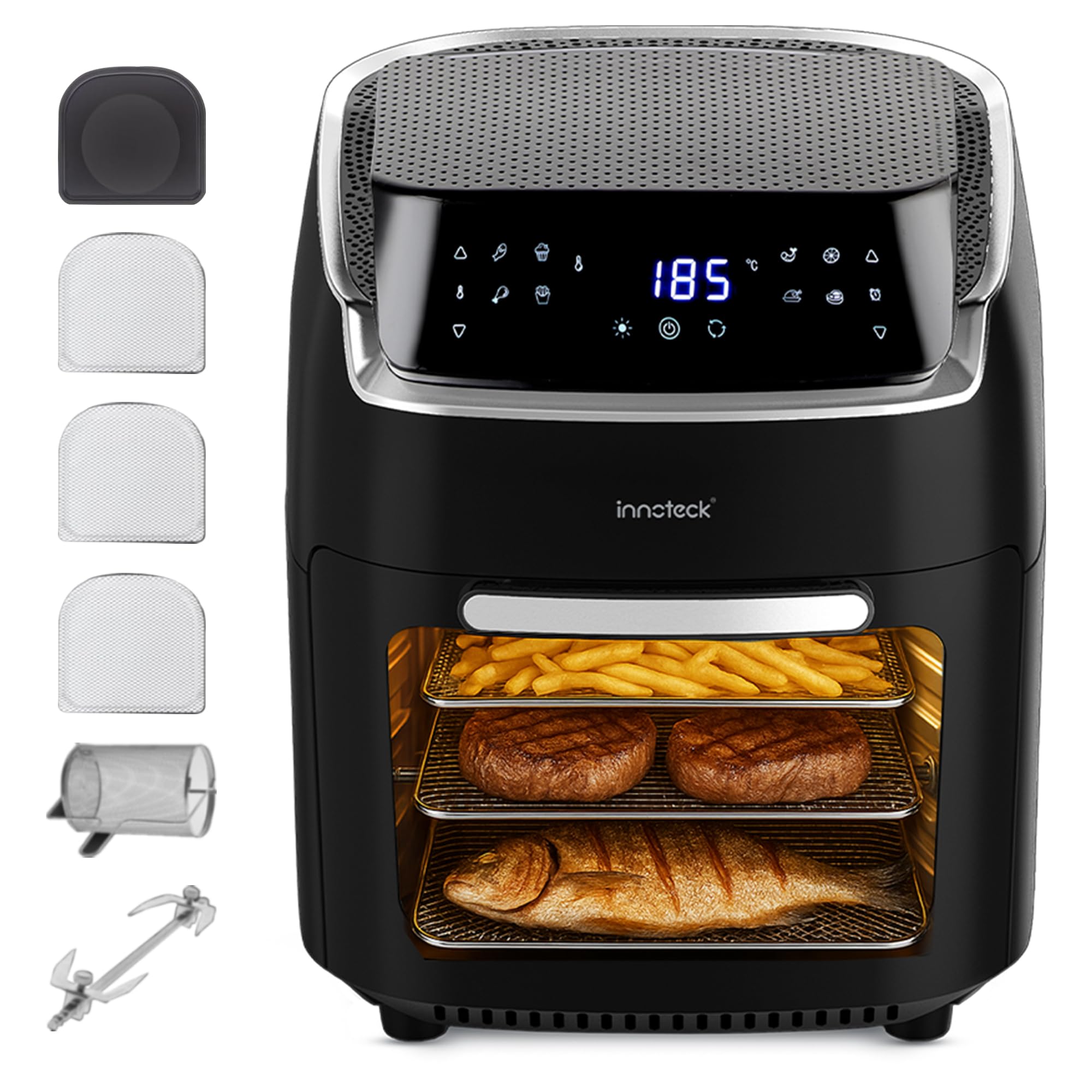 Innoteck Kitchen 12L Digital Air Fryer Oven with Rotisserie 1800W Large Air Fryer with Touch Panel & 8 Cooking Presets, Shelves, Basket, Racks & Drip Tray Black & Silver Finish
