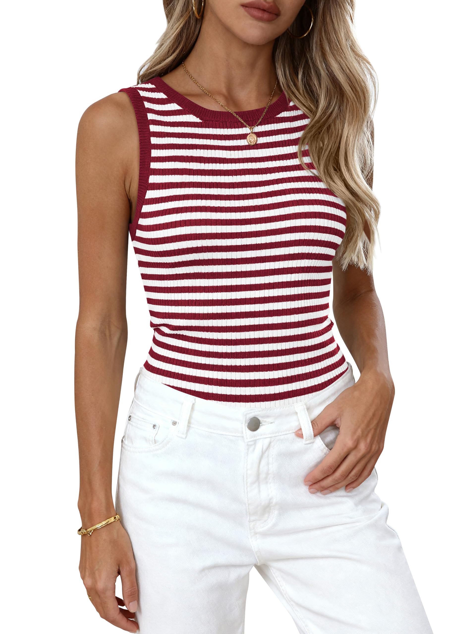 PRETTYGARDEN Summer High Neck Striped Tank Tops for Women Casual Sleeveless Sweaters Basic Ribbed Knit Slim Fitted Shirts