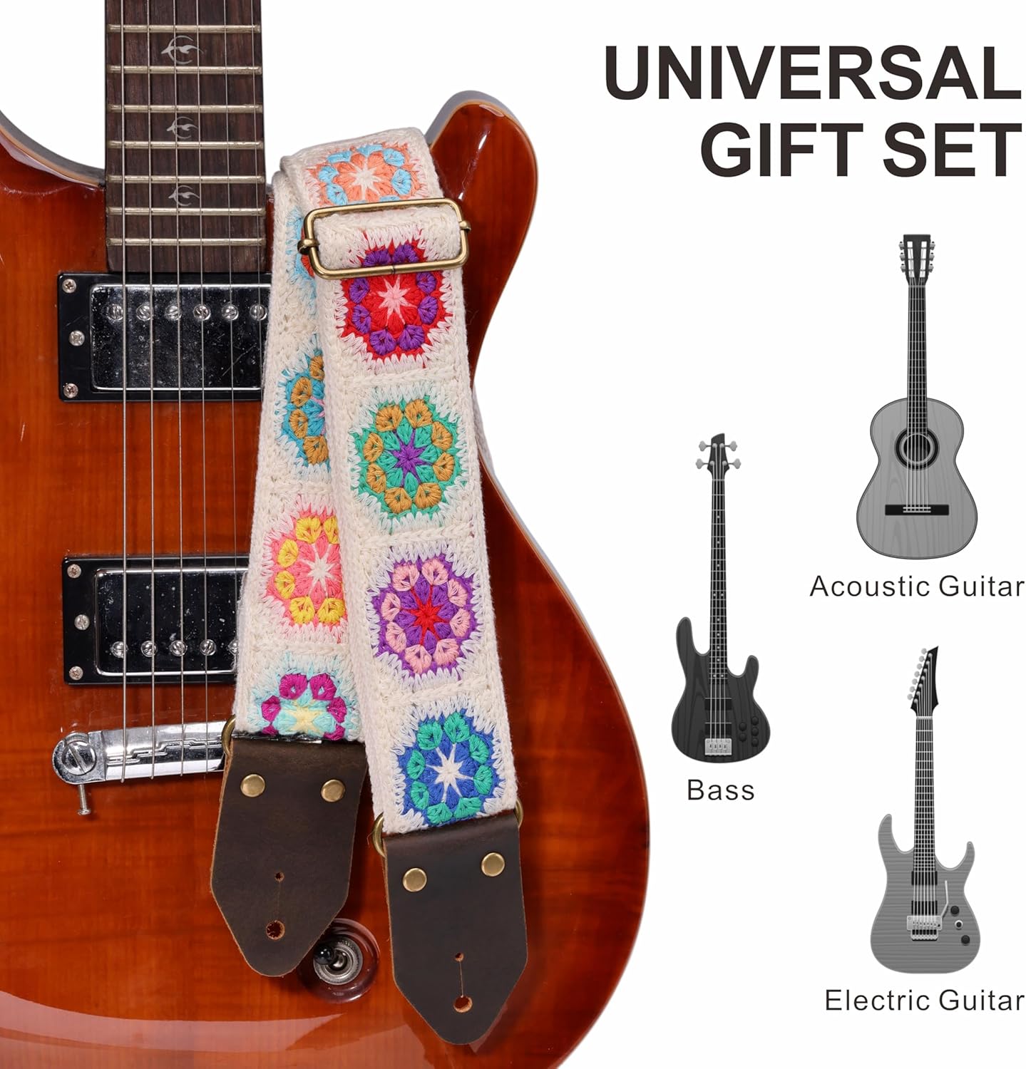 Nefelibata Guitar Strap,Crazy Horse Leather Jacquard Embroidery Cotton Guitar Straps for Bass, Electric & Acoustic, Best Gifts for Guitarists(Retro White Multi Flower)