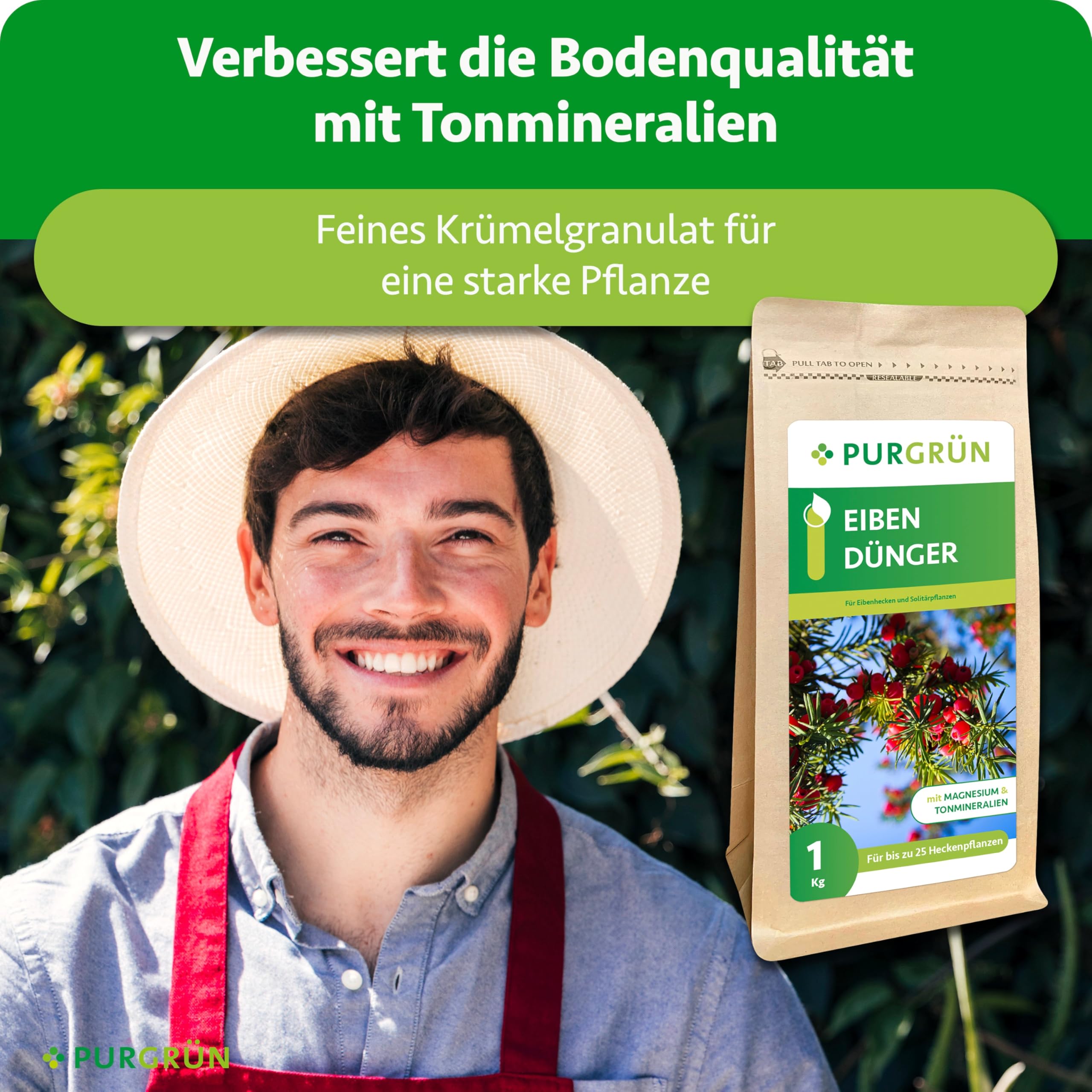 Eibendünger 1 kg – Organisch-mineralische Rezeptur – Feinkörniges Krümelgranulat – NPK 5+4+6 – Extra Magnesium für leuchtend grüne Nadeln – Verbessert die Bodenqualität