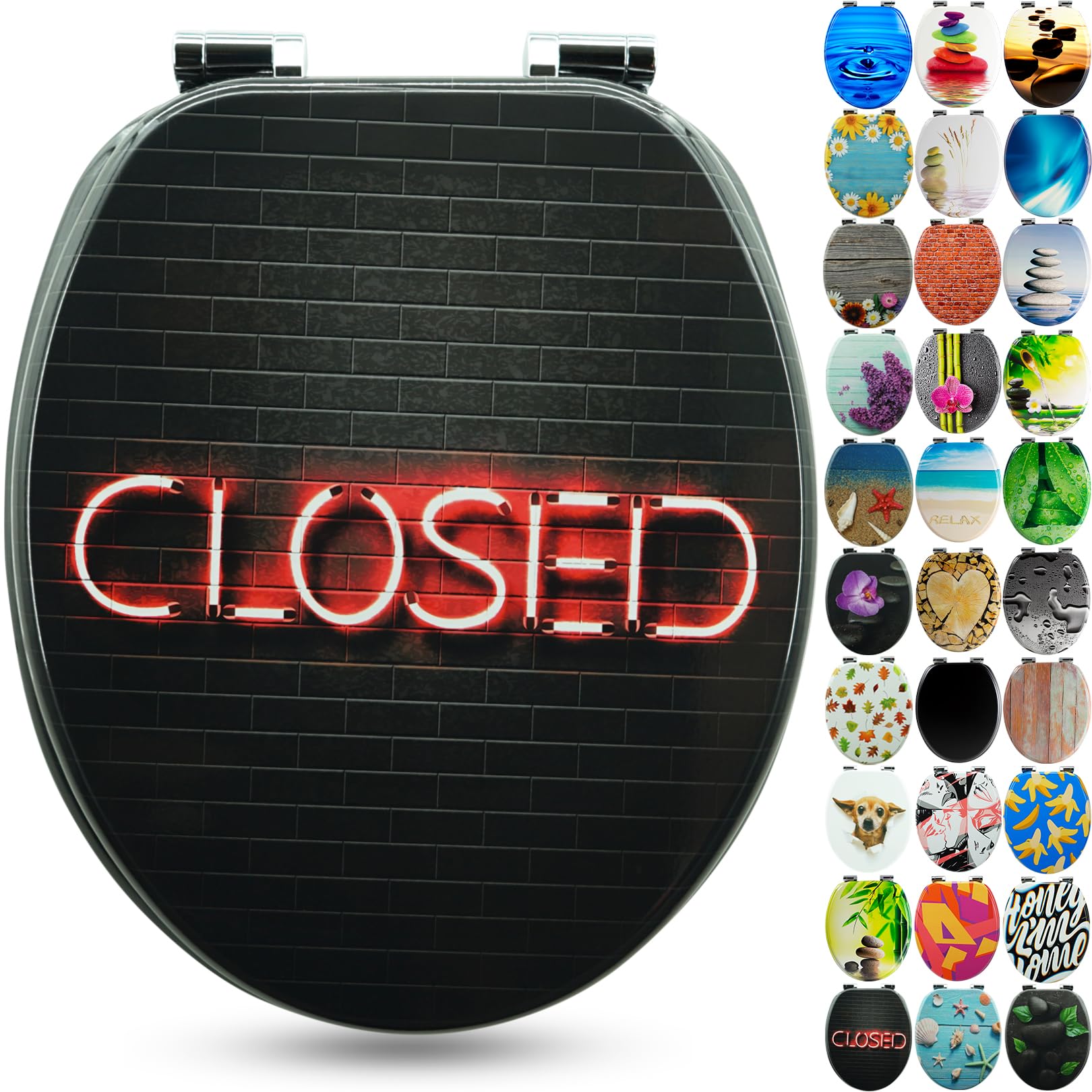 SANFINOPremium Toilet Seat with Soft Close - Wooden Toilet Lid, lots of colourful and decorative designs, high seating comfort, easy to install including instructions - "Open-Closed"