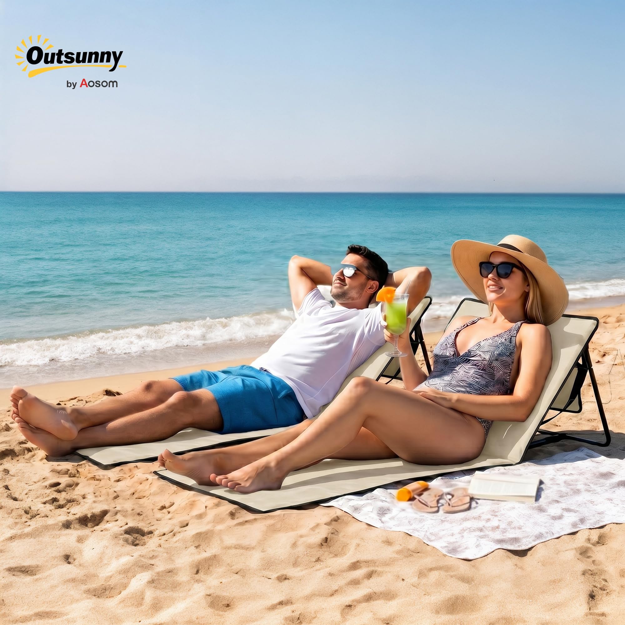 Outsunny Conjunto de 2 Esterillas de Playa Plegable Esteras Acolchadas de Tela Oxford PVC 600D con Respaldo Reclinable y Correa de Transporte para Jardín 142x51x40 cm Beige