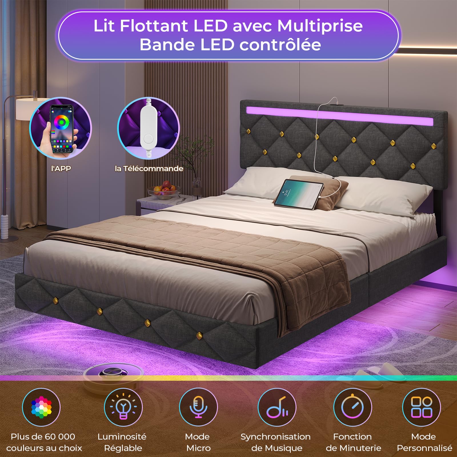 DICTAC Lit 140x190 avec LED, Cadre de lit 140 x 190cm avec Éclairage LED et 1 USB-A + 1 USB-C, Tête de Lit Réglable et Rembourrée - Lit Flottant avec Sommier, Capitonnage Lin Gris