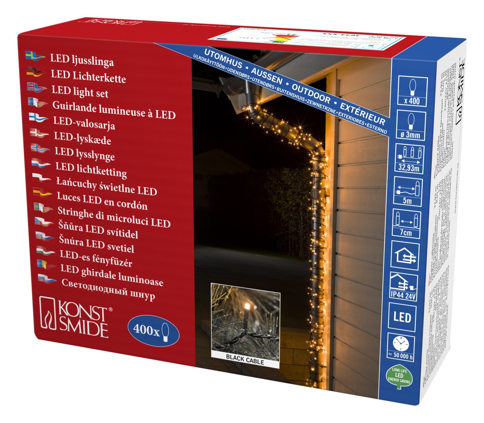 Konstsmide 3644-800 łańcuch świetlny z mikro diodami LED/do użytku na zewnątrz (IP44) / certyfikat VDE/transformator zewnętrzny 24 V / 400 diod w kolorze bursztynowym/czarny kabel, 400 diod LED