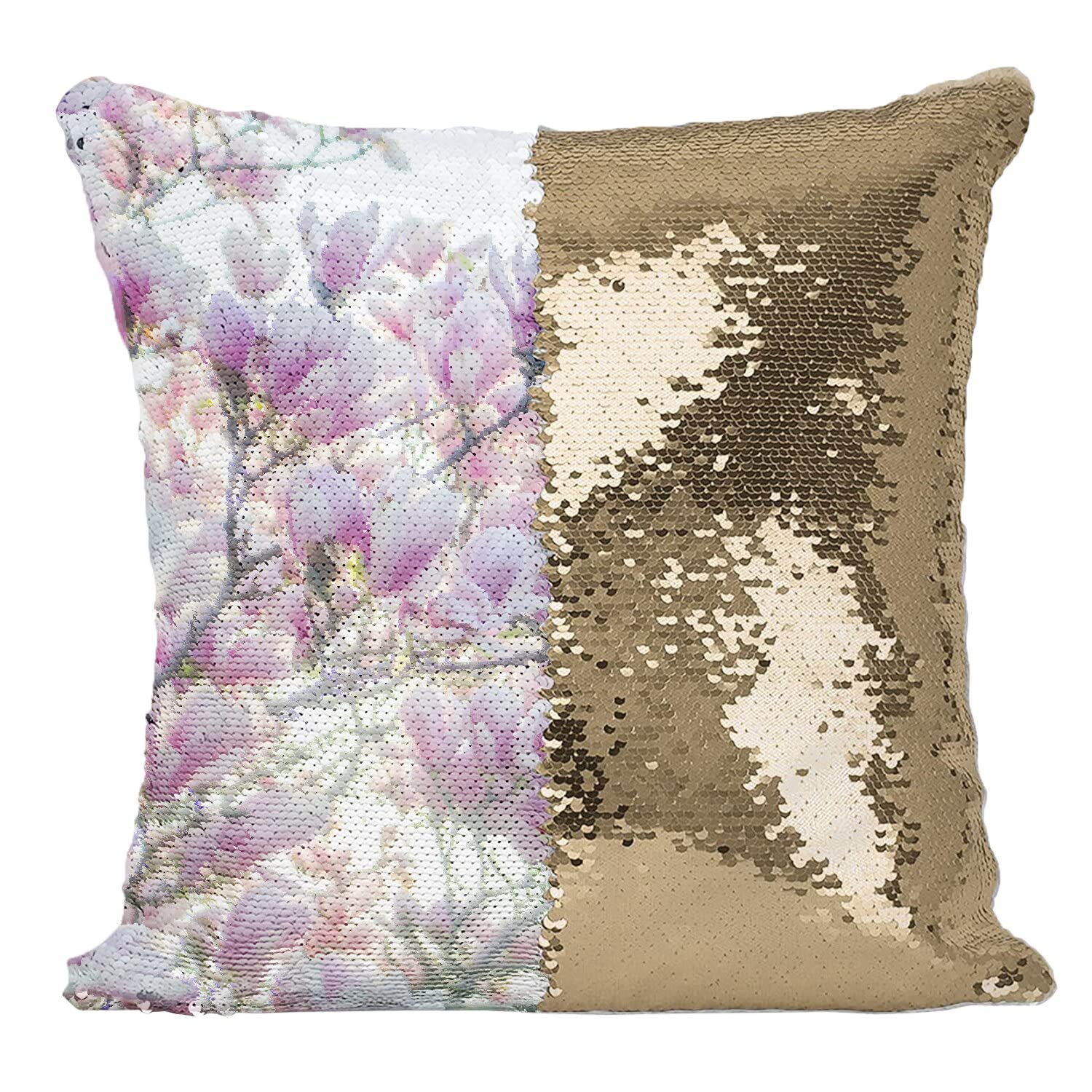 Coussin Sequin Doré Fleurs de Cerisier Printemps Contre-Jour Housse Paillettes