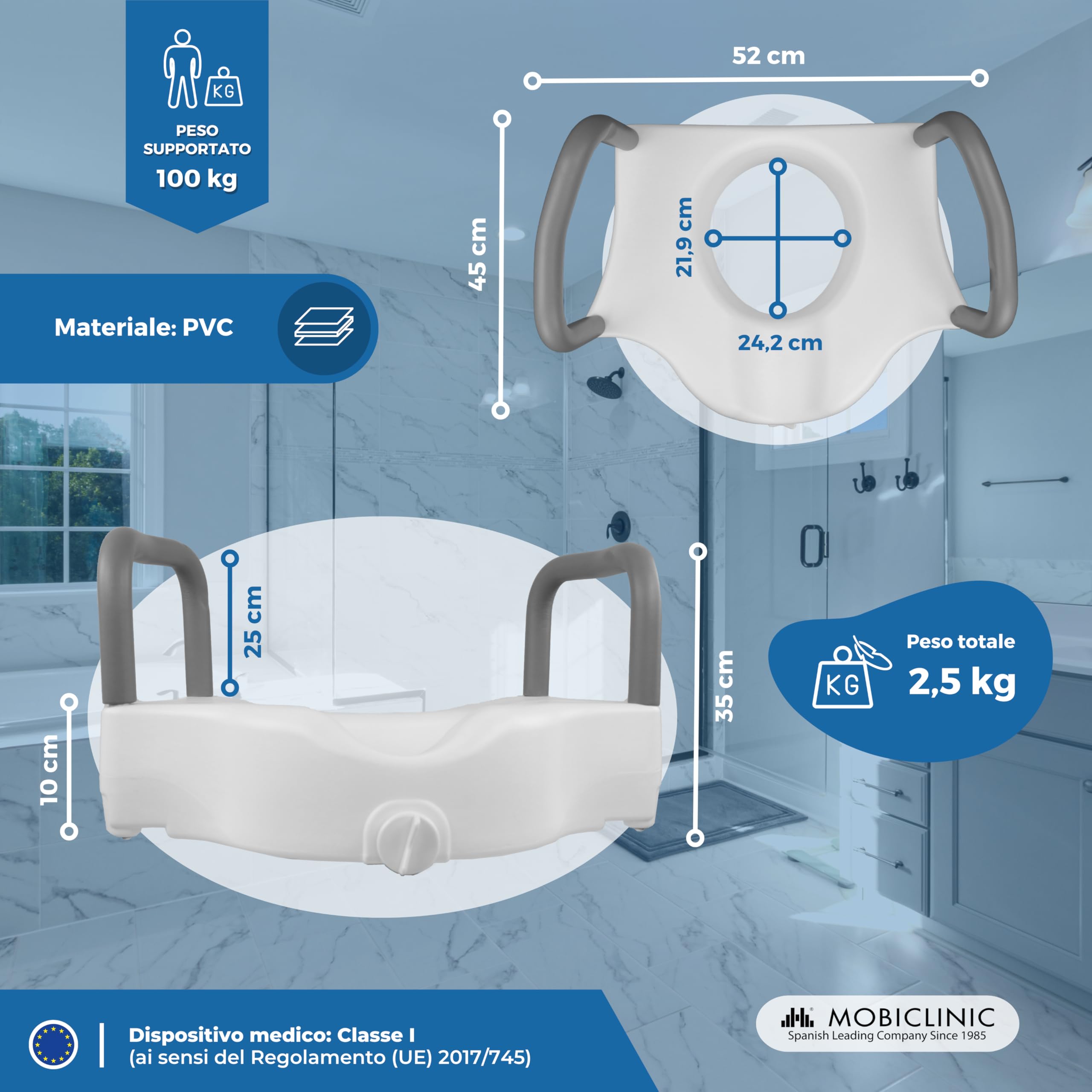 Mobiclinic, Rialzo per wc, Cibeles, Alza water anziani, Marchio europeo, Braccioli imbottiti, Con maniglie, Ausili il bagno, Disabili, Mobilità ridotta, Bidet, 10 cm