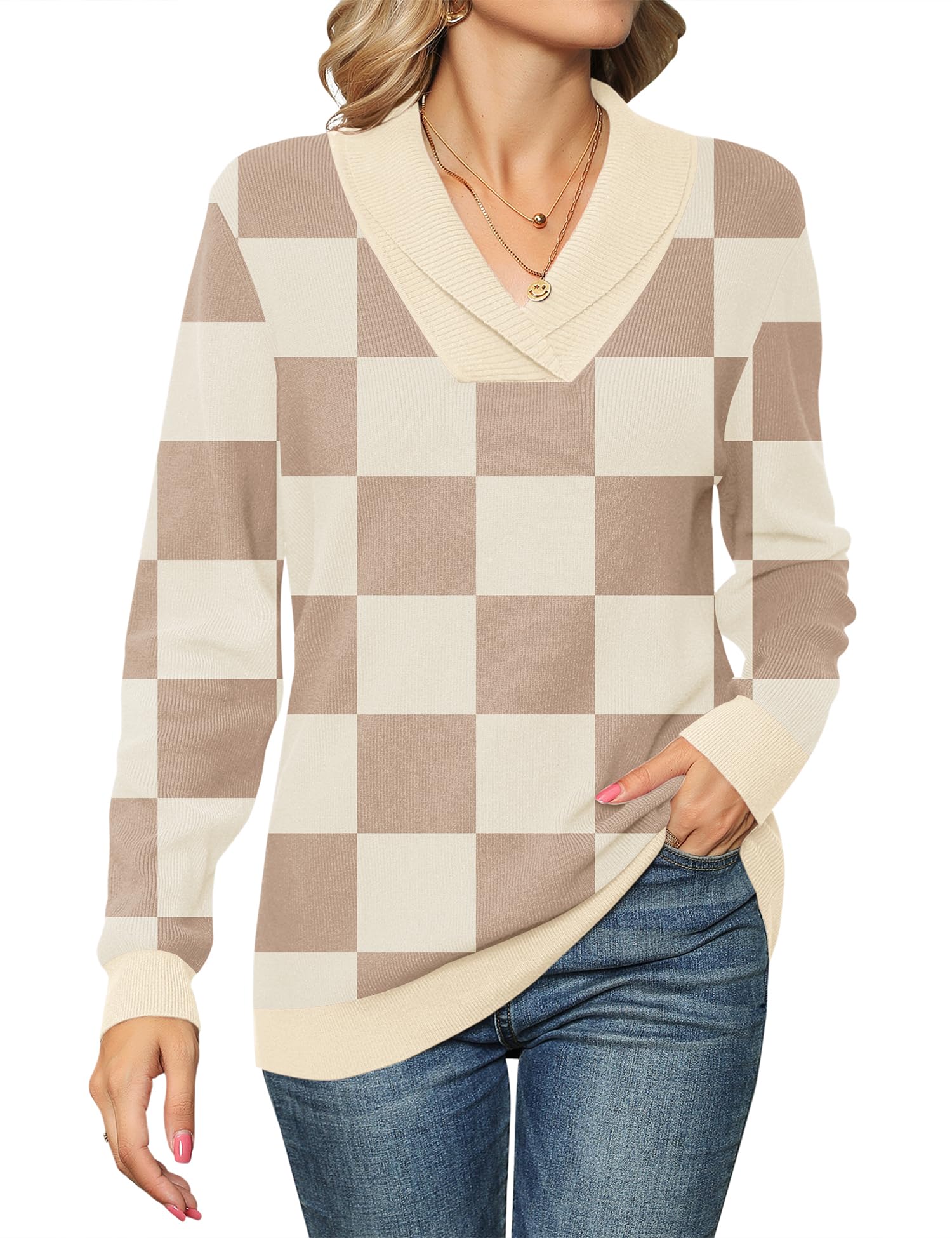 Ivicoer Women Long Sleeve V Neck Pullover Collar Knitted Sweaters