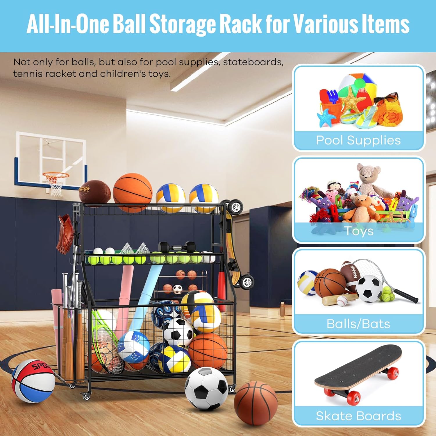 Sports Equipment Garage Organizer - Heavy Duty Garage Organization Ball Storage Rack with Basket, Hooks and Rolling Cart for Sports Gear and Toy Storage, Indoor/Outdoor Use, Black - Image 2