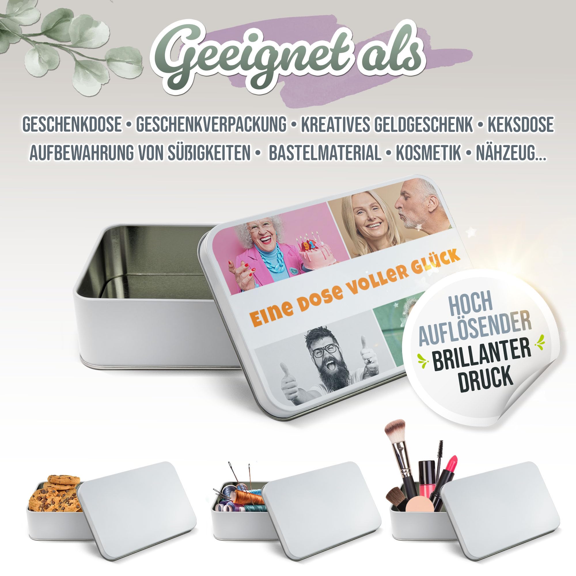 Print Royal PR Geschenkdose selbst gestalten mit 4 Fotos & Text - Blechdose bedrucken, Personalisierte Keksdose - Muttertagsgeschenk, Geburtstag, Weihnachten | Rechteckig weiß, 450 ml