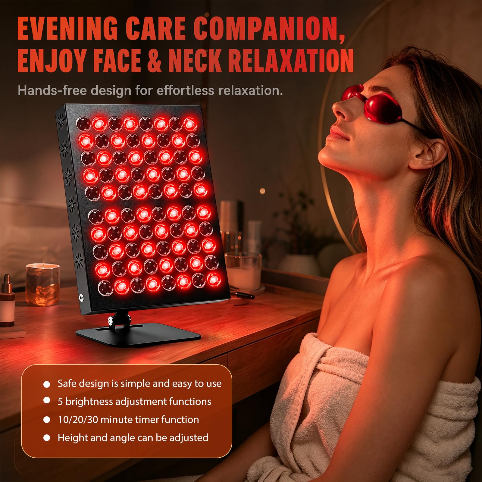 Rotlichtlampe Panel 80 LED für Red Light 660nm & 850nm Infrarotlampe mit Timer, 5 Helligkeitsstufen, 62W Rotlichttherapie Gerät für Gesicht, Körper Haare, Winkelverstellbare Lampe für Zuhause und Büro