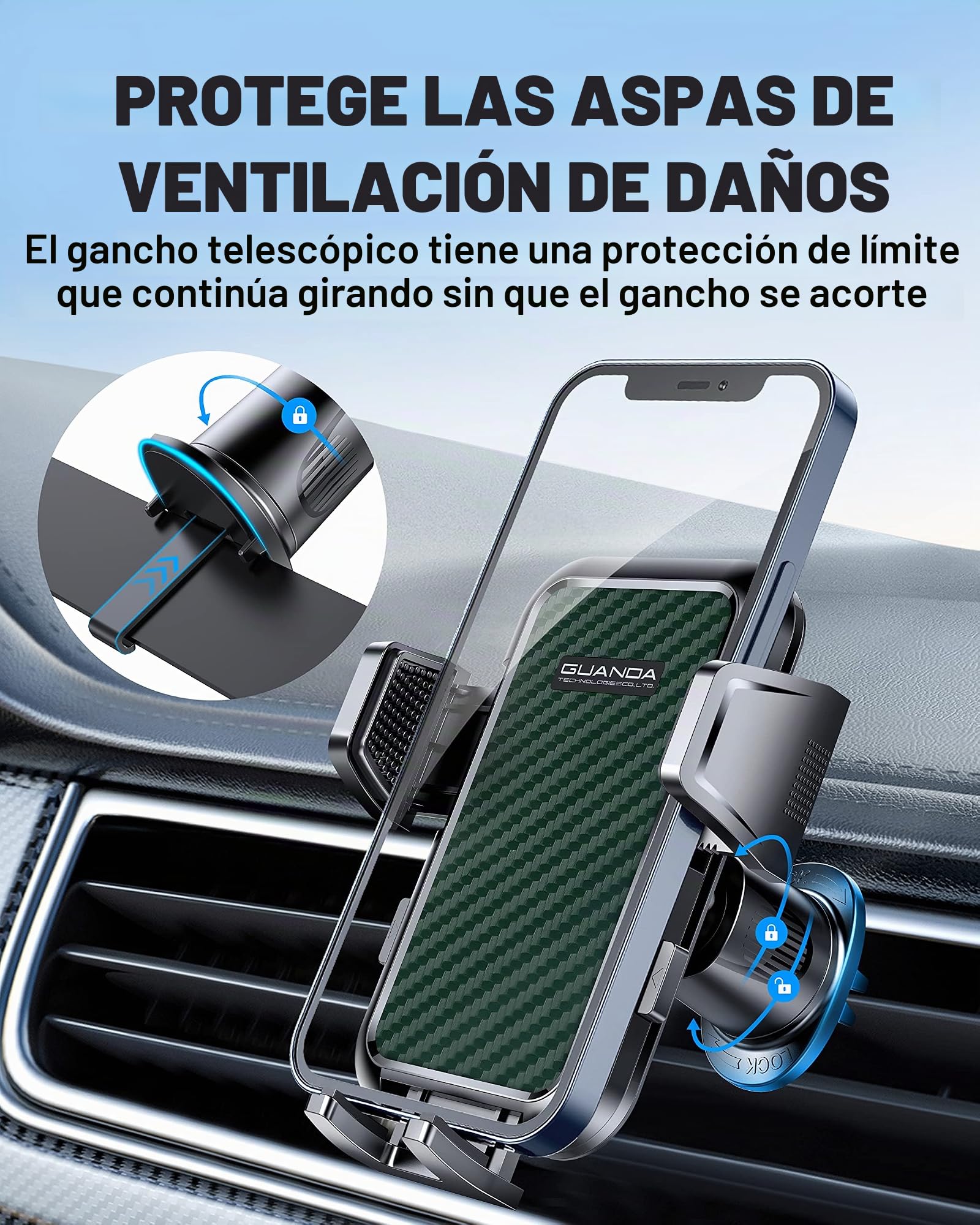 2026 Soporte Movil Coche Para Ventilacion Aire, Sujeta MovilesPara Coche Gancho Mejorado, Porta Movil Coche Giratorio360°,Soporte Telefono Coche Universal Para iPhone Samsung Redmi Smartphones