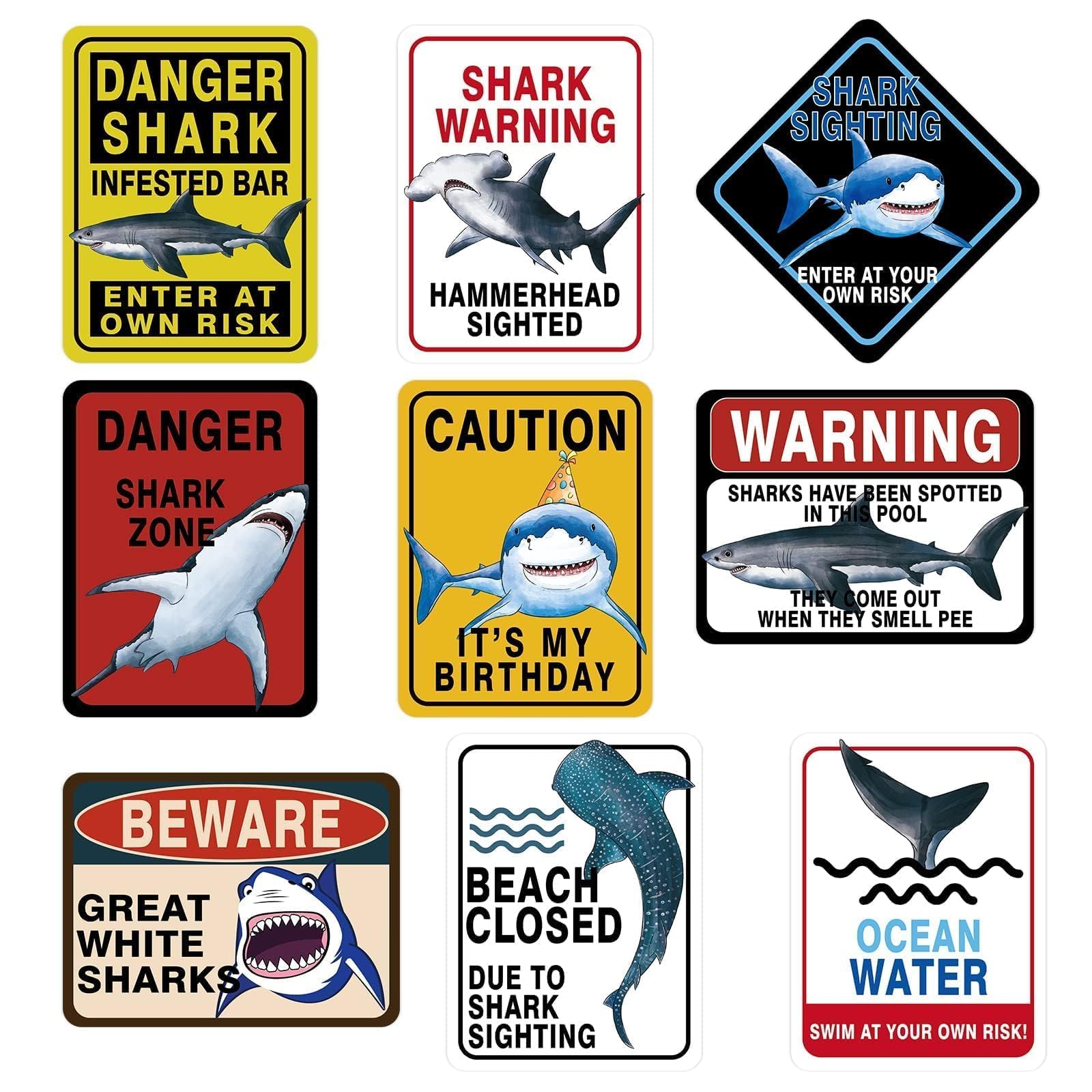 Shark Zone Wall Warning Signs - 9 PCS Ocean and Beach Themed Party Decor for Boys' Birthday