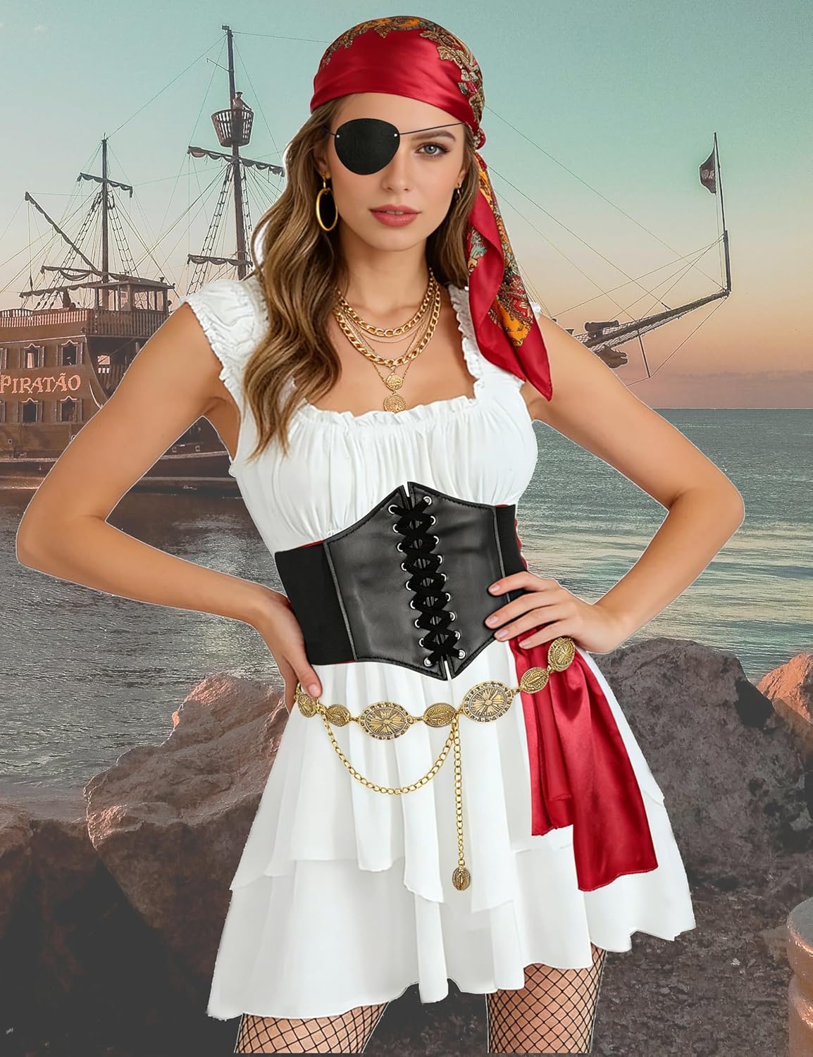 Angelaicos Adult Women's Pirate Costume with Sleeveless Dress Corset Accessories for Halloween Role Play Outfit Set - Image 6