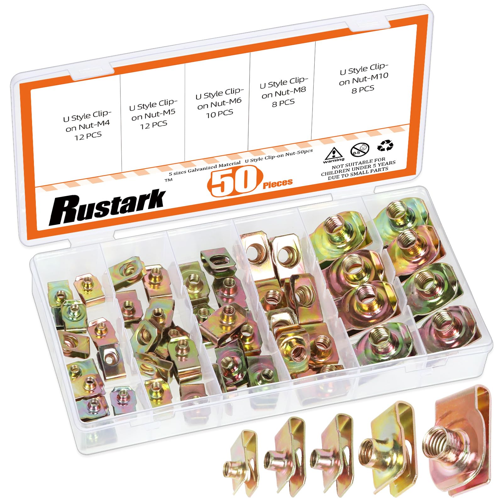 Rustark 50Pcs M4 M5 M6 M8 M10 Auto Car U-Clip U Nut Assortment Kit U Style Clip-on Nut Carbon Steel U Nuts Clip U-Shaped Nuts for Dash Door Panel Interior Cars Motorcycle