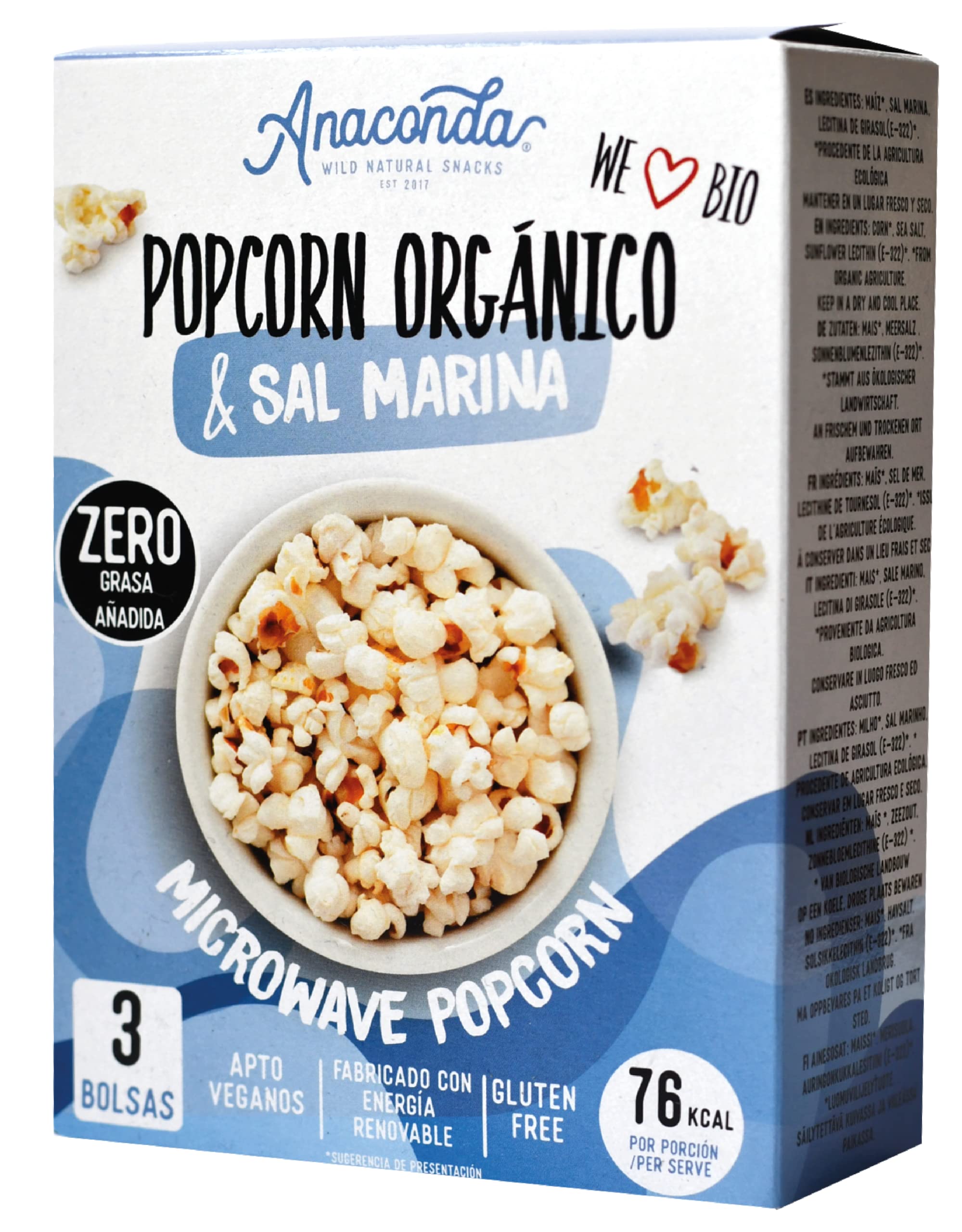 Anaconda Foods - 1 Caja de Palomitas de Maíz Orgánico Bio para Microondas, sabor Sal Marina. ZERO GRASAS. 1 Caja x 3 Sobres 75g