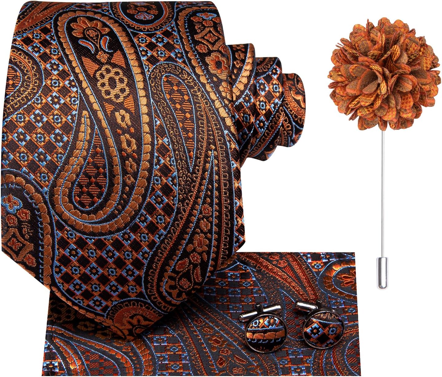 Hi-Tie Men Silk Ties Set with Flower Lapel Pin Necktie Pocket Square Cufflinks for Tuxedo Wedding Business - Image 3