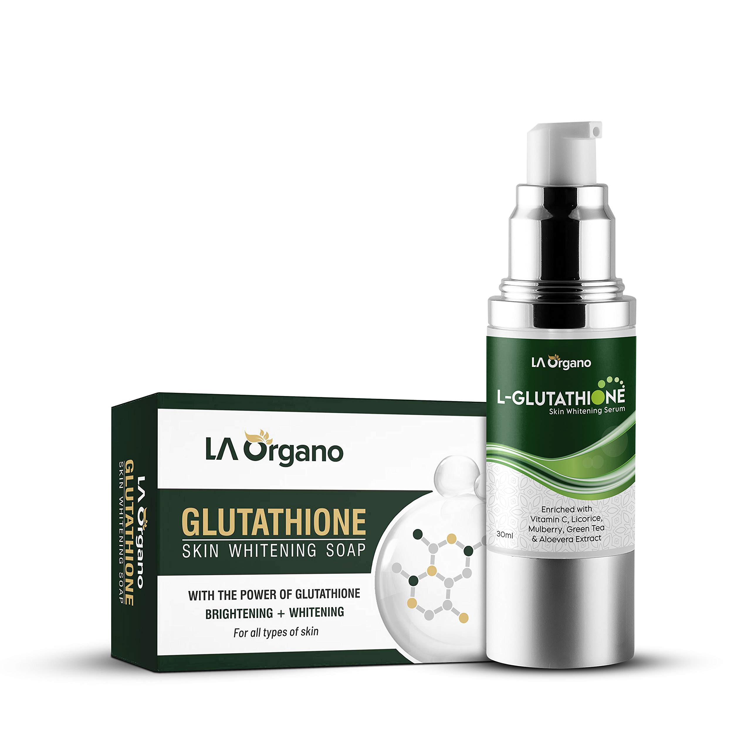 LA Organo Glutathione Serum, 30ml & Glutatione Soap, 100g (Pack of 2)