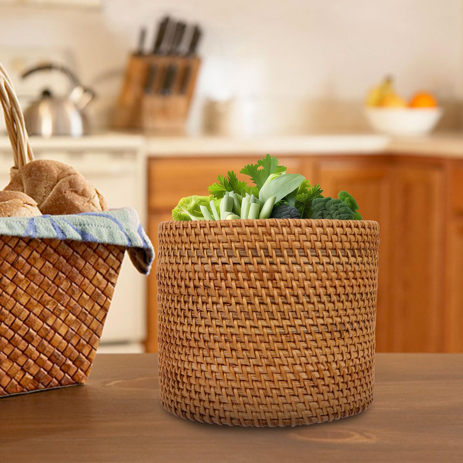 Runder Aufbewahrungskorb aus Rattan in Braun für Zuhause | Flechtoptik, Extra Großes Fassungsvermögen, für Obst und Snacks, Wiederverwendbar