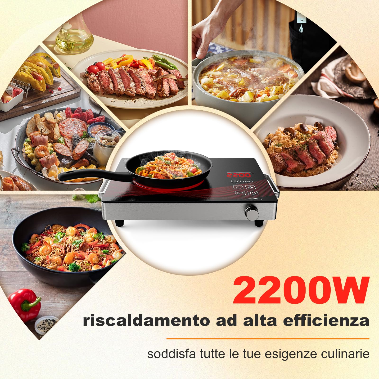 Alemania Piastra Elettrica 1 Fuoco 2200W, Piastra Vetroceramica Portatile a Infrarossi con Vetro Nero, Piastra di Cottura da Tavolo con 18 Livelli di Potenza e Temperatura, Timer