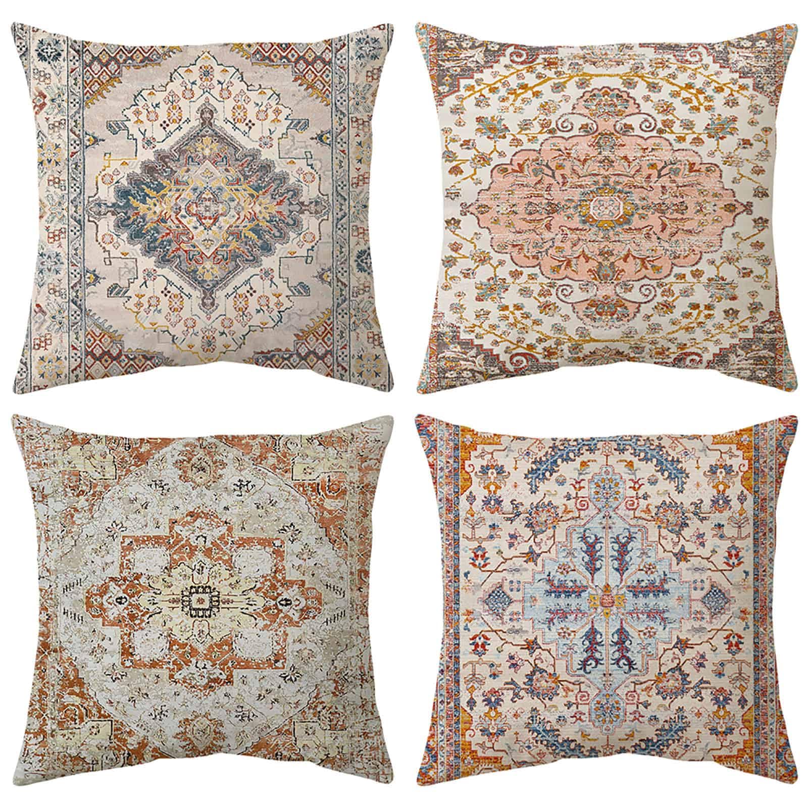 Boho Cushion Covers 45x45cm Burnt Orange Brown Set of 4, Soft Velvet Bohemian Decorative Decor Square Throw Pillow Covers, Vintage Exotic Kilim Patterned Floral Pillowcases for Home Sofa Couch Bedroom