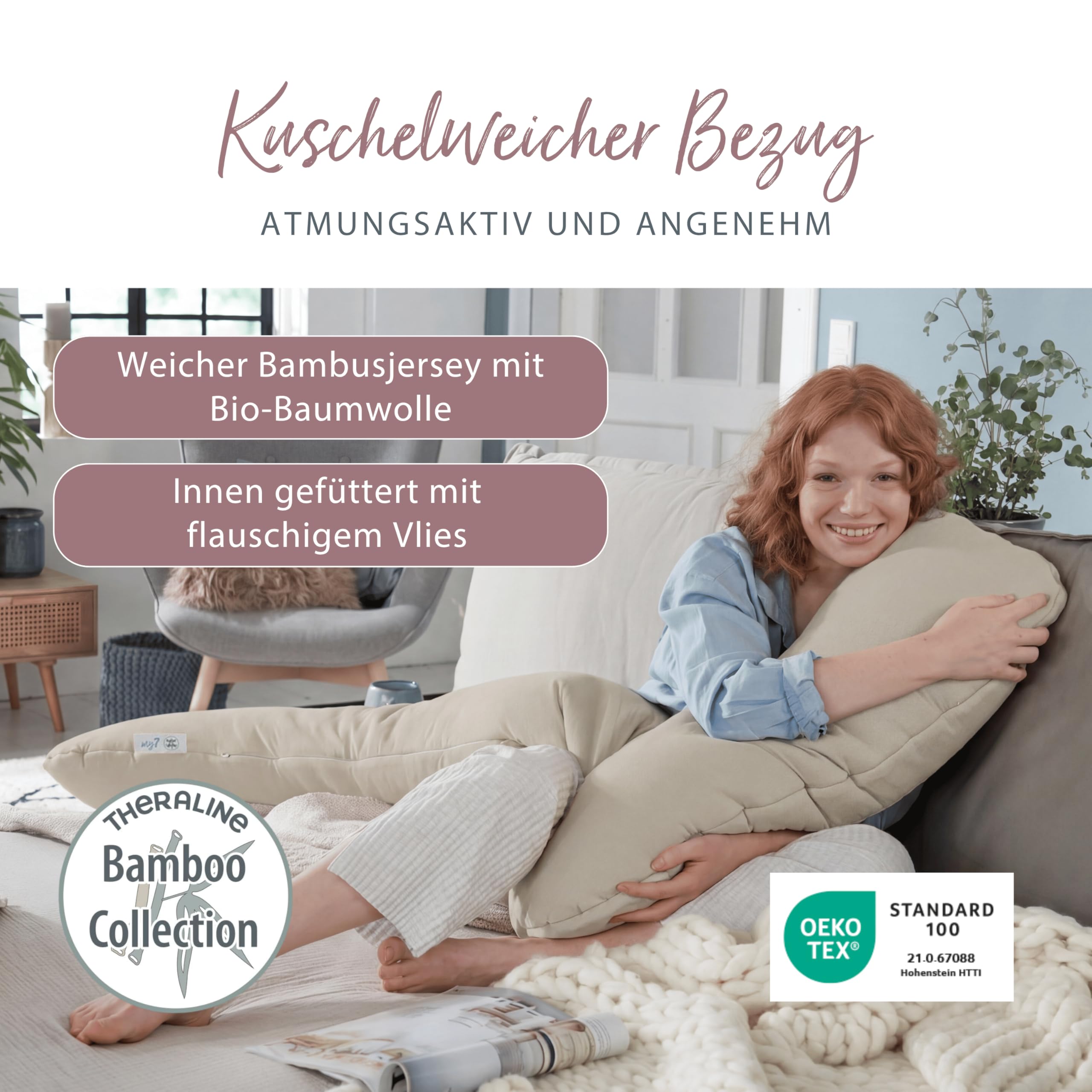 Theraline my7 Seitenschläferkissen mit Bezug, waschbar 60°C, Stillkissen & Lagerungskissen ergonomisch mit integriertem Kopfkissen, Kissen für Seitenschläfer mit wattiertem Bezug für mehr Komfort